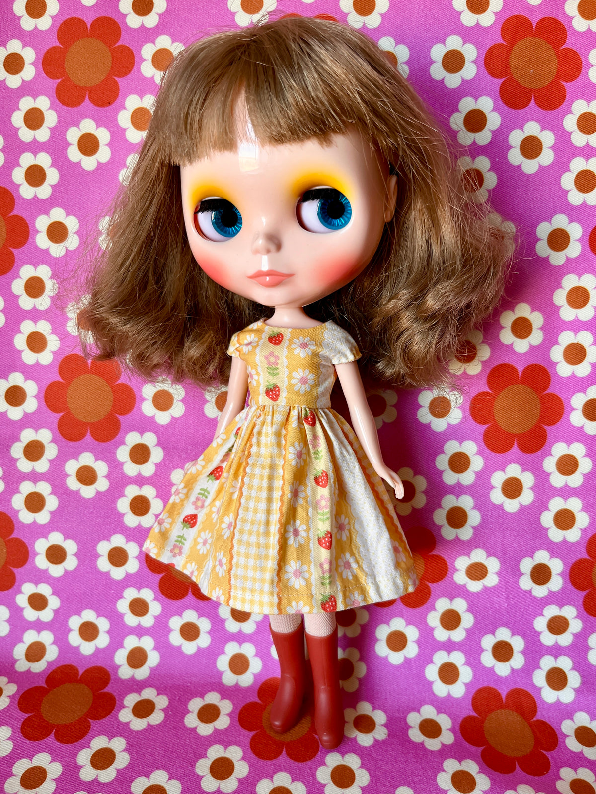Yellow Strawberry Stripe Summer Cap Sleeve Dress for Blythe Doll