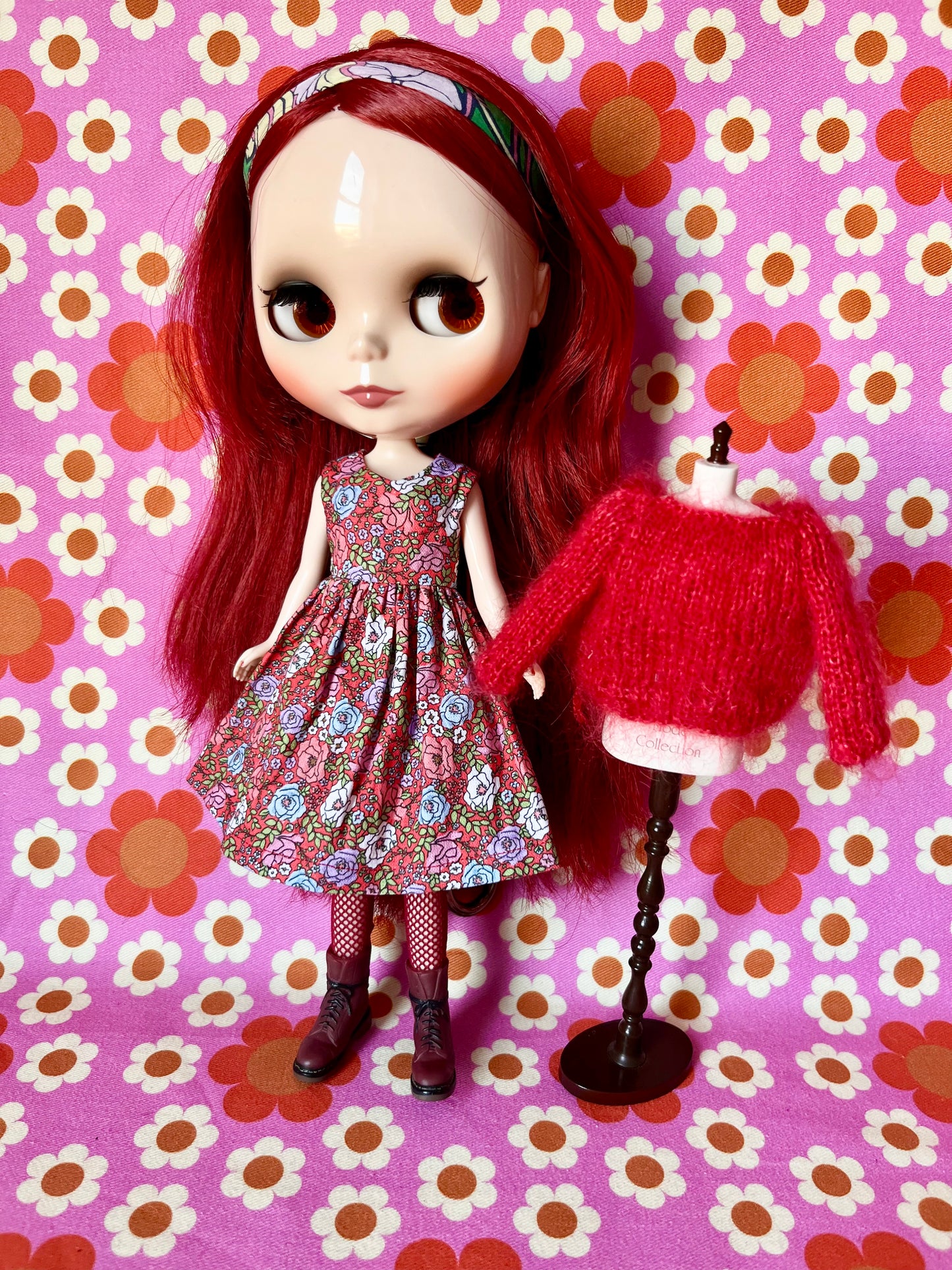 Red Ditsy Print Dress & Reversible Mohair Cardigan for Blythe Doll