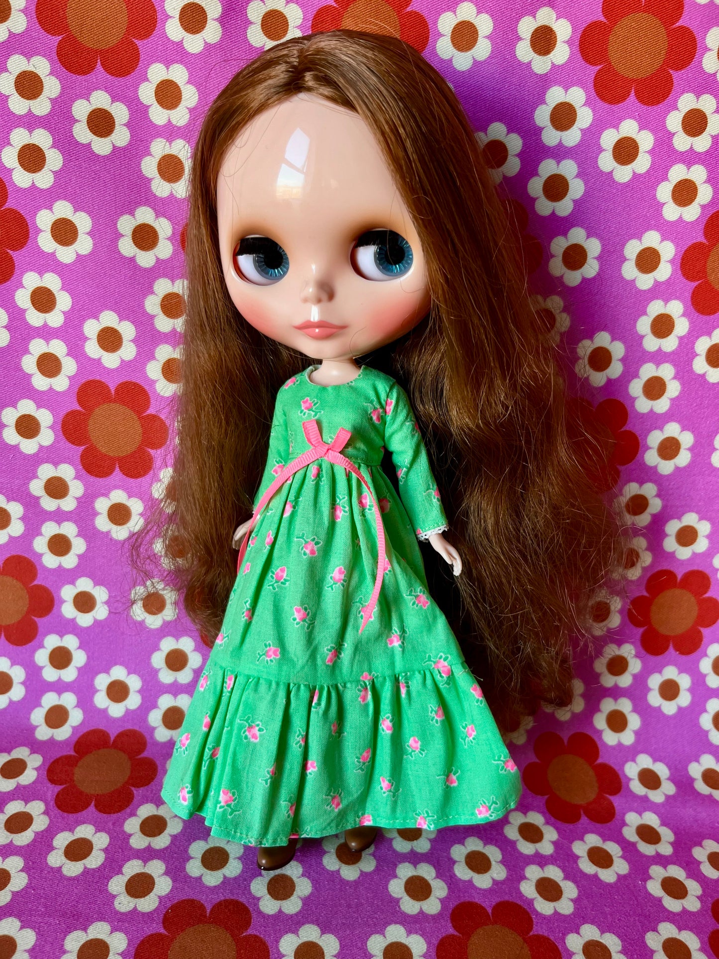 Long Neon Rosebud Print Dress for Blythe Doll