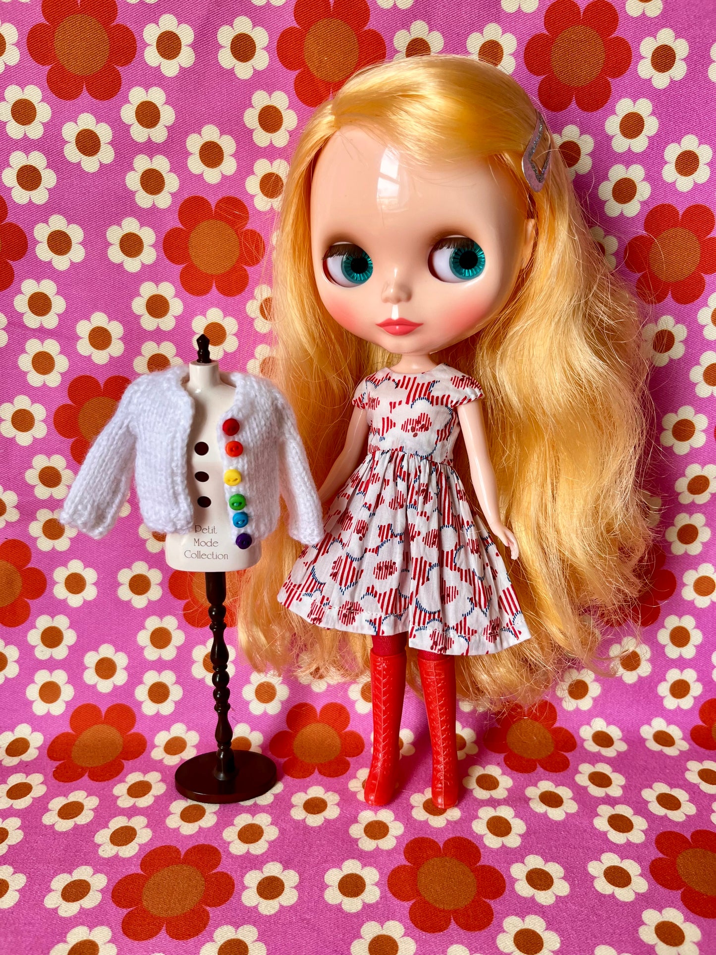 White Liberty Cap Sleeve Dress & Knitted Cardigan for Blythe Doll