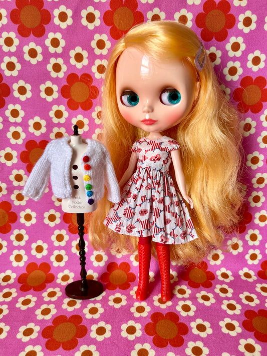 White Liberty Cap Sleeve Dress & Knitted Cardigan for Blythe Doll