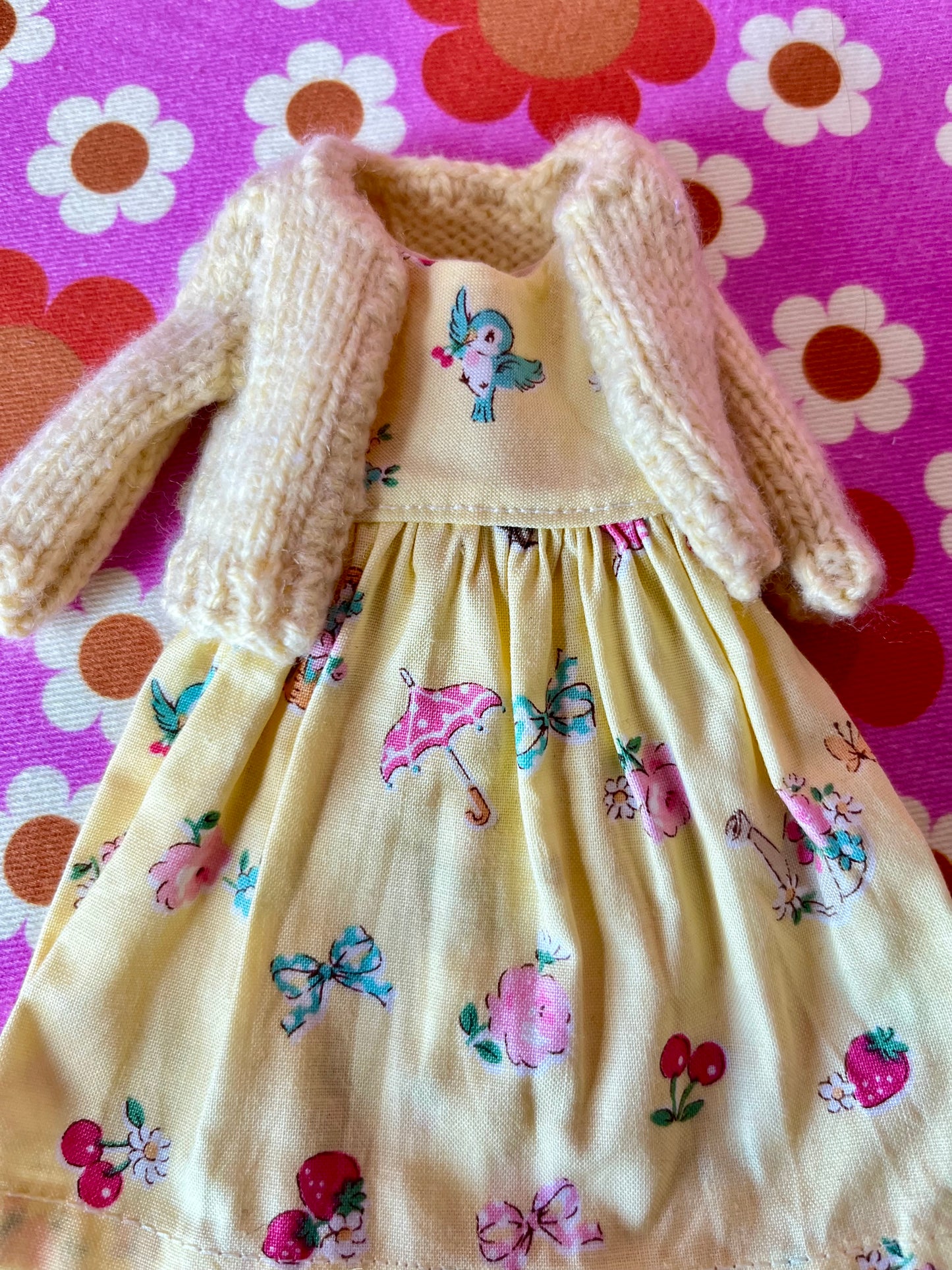 Japanese Print Cap Sleeve Dress & Knitted Cardigan for Blythe Doll