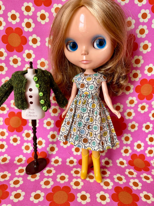 Green Liberty Cap Sleeve Dress & Knitted Cardigan for Blythe Doll