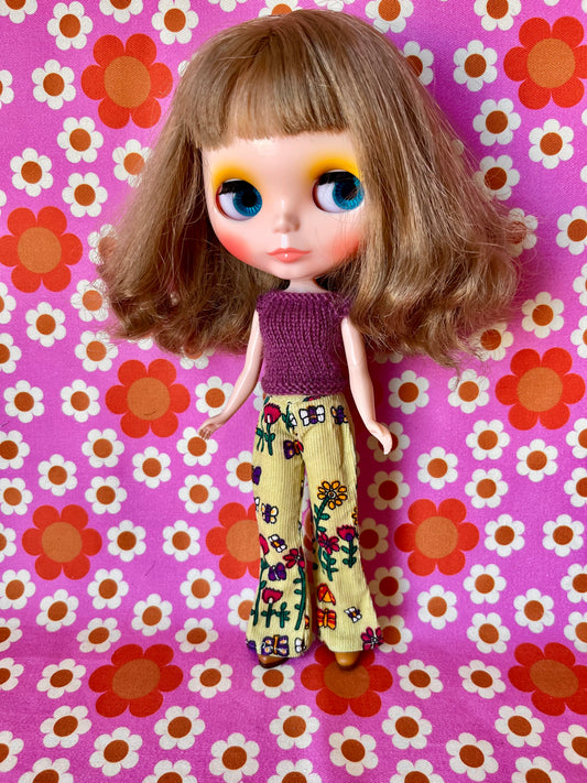 Cute Green Vintage Floral Flared Jeans Corduroy Trousers for Blythe Doll