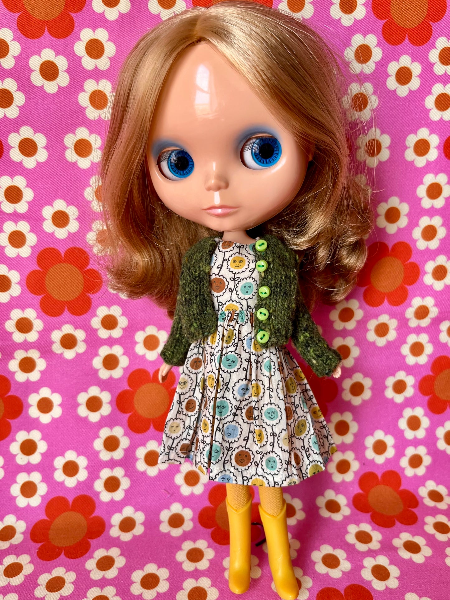 Green Liberty Cap Sleeve Dress & Knitted Cardigan for Blythe Doll