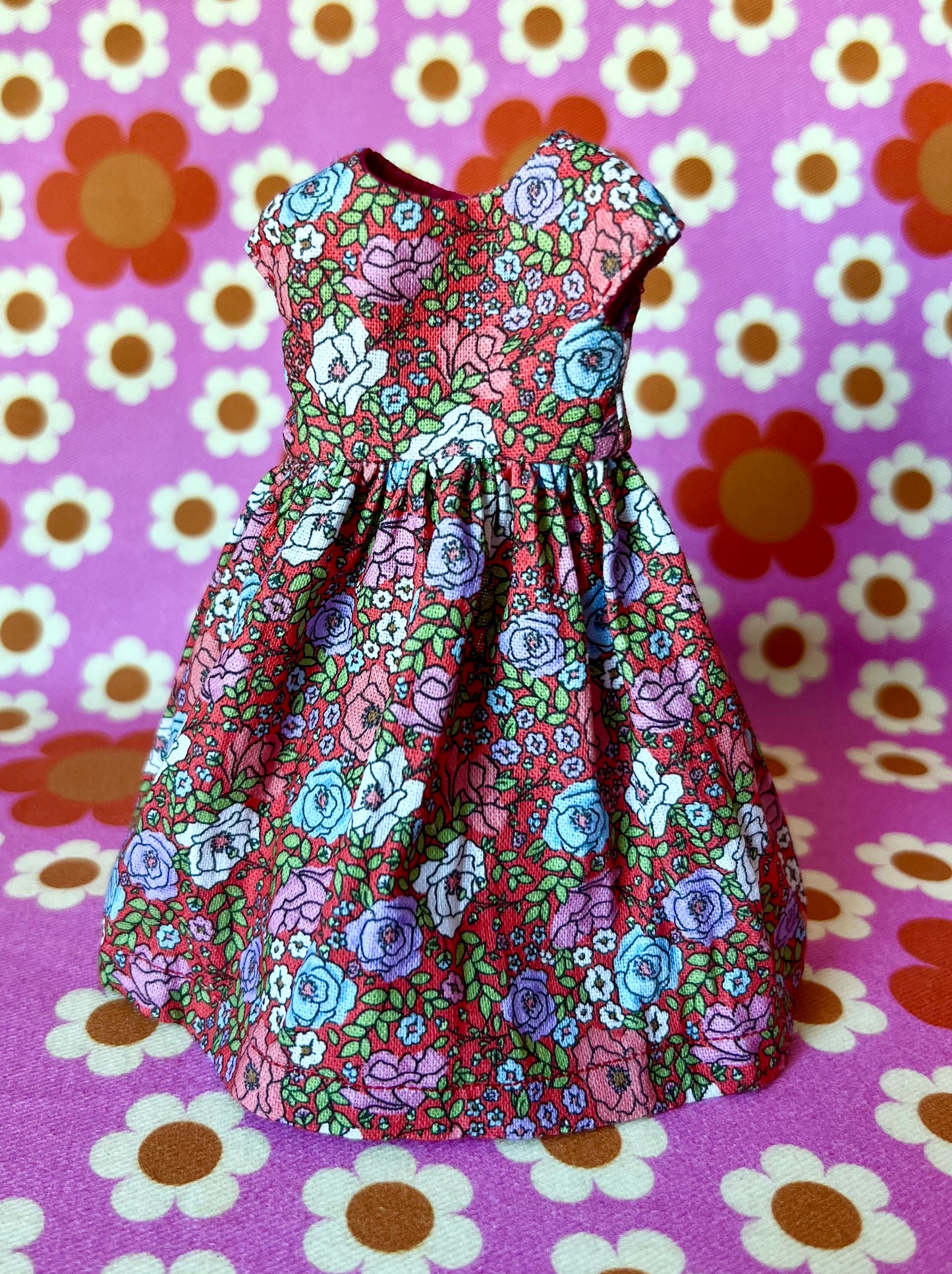 Red Ditsy Floral Valentine Cap Sleeve Dress for Blythe Doll