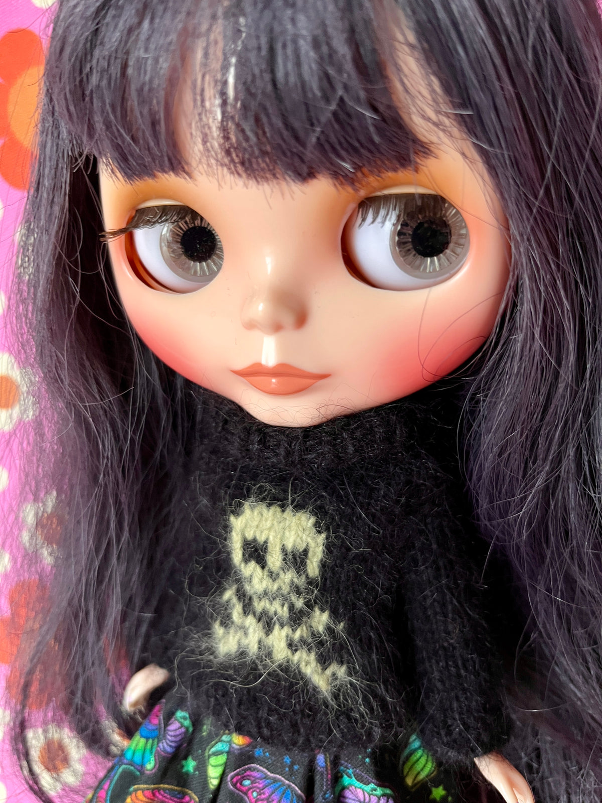 Halloween Fluffy Black Sweater Green Skull