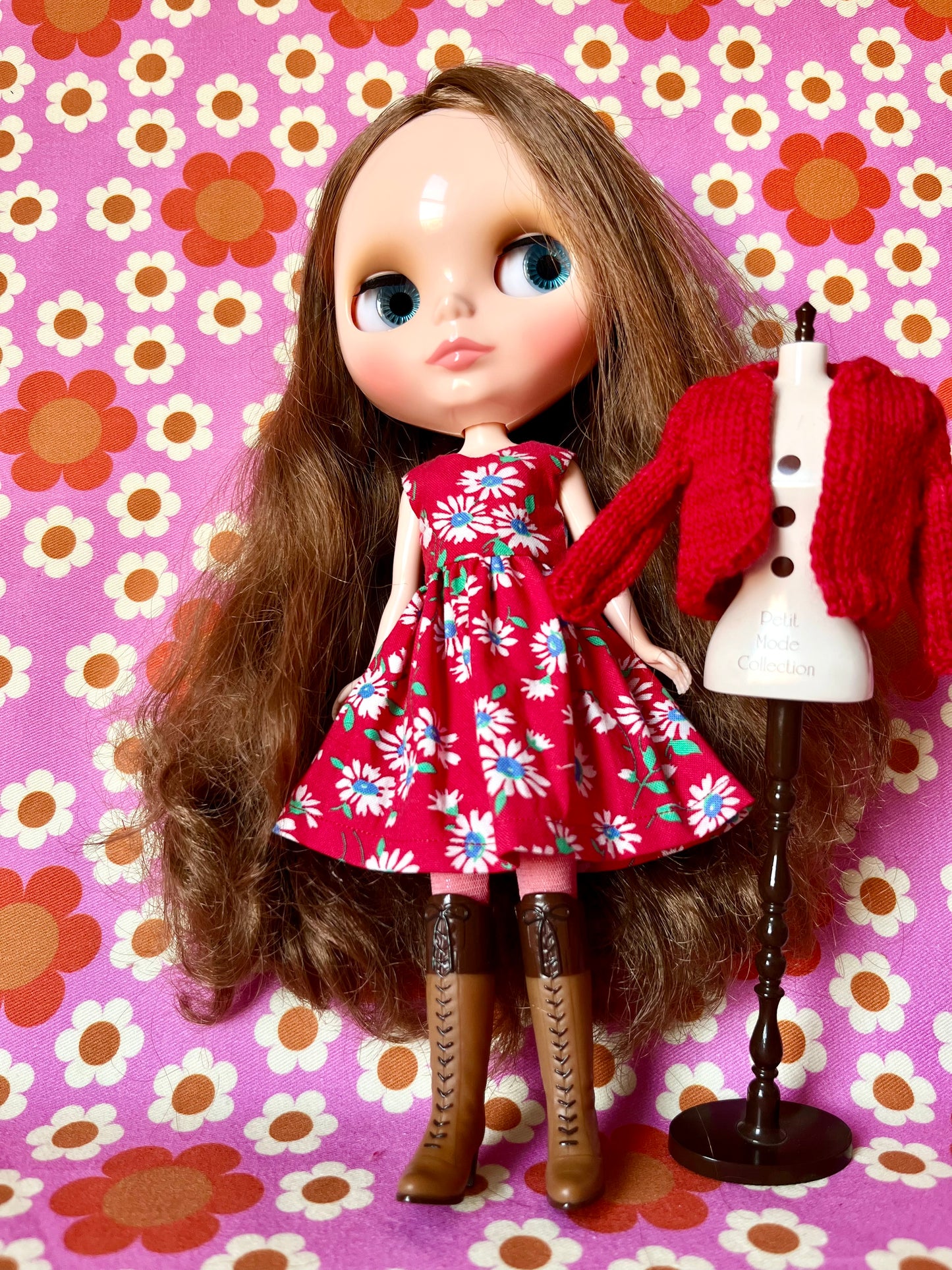 Red Daisy Dress & Cardigan for Blythe Doll