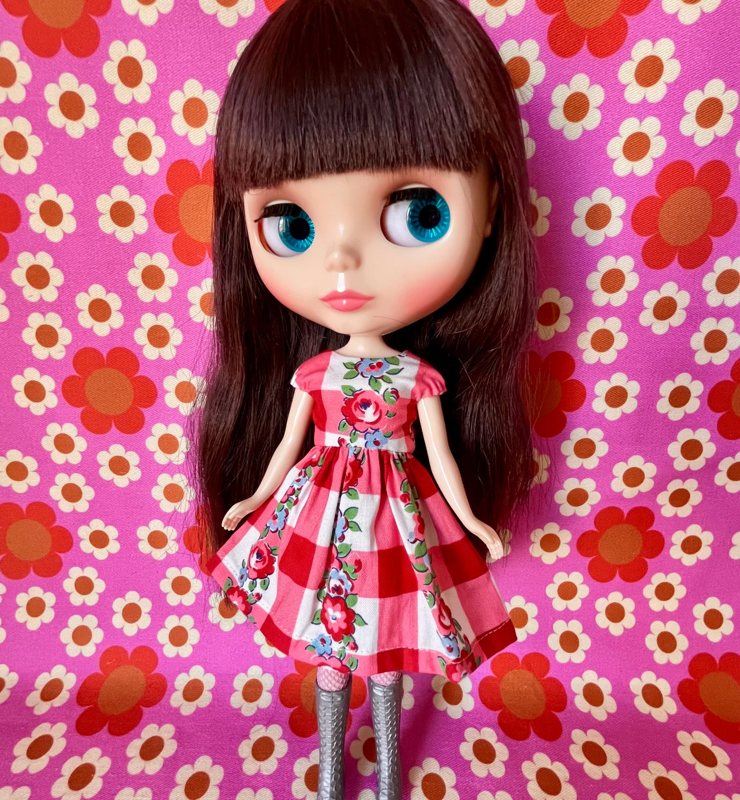 Gingham Floral Stripe Valentine Cap Sleeve Dress for Blythe Doll