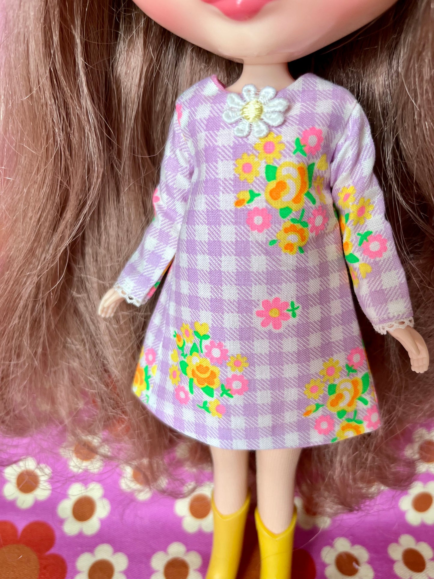 Lilac Neon Gingham Mod Shift dress with sleeves