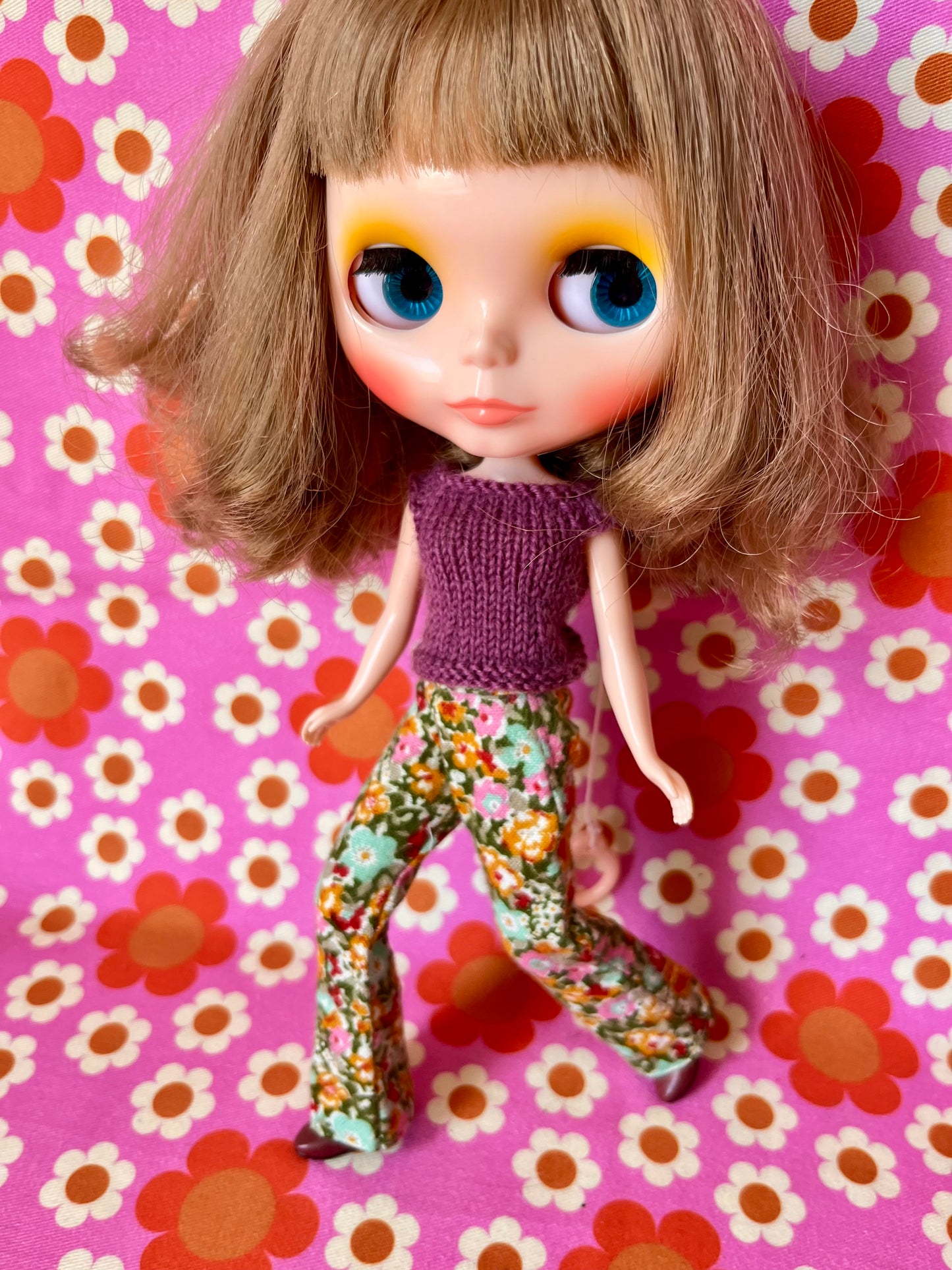 Green floral Flared Jeans Brushed Cotton Trousers for Blythe Doll