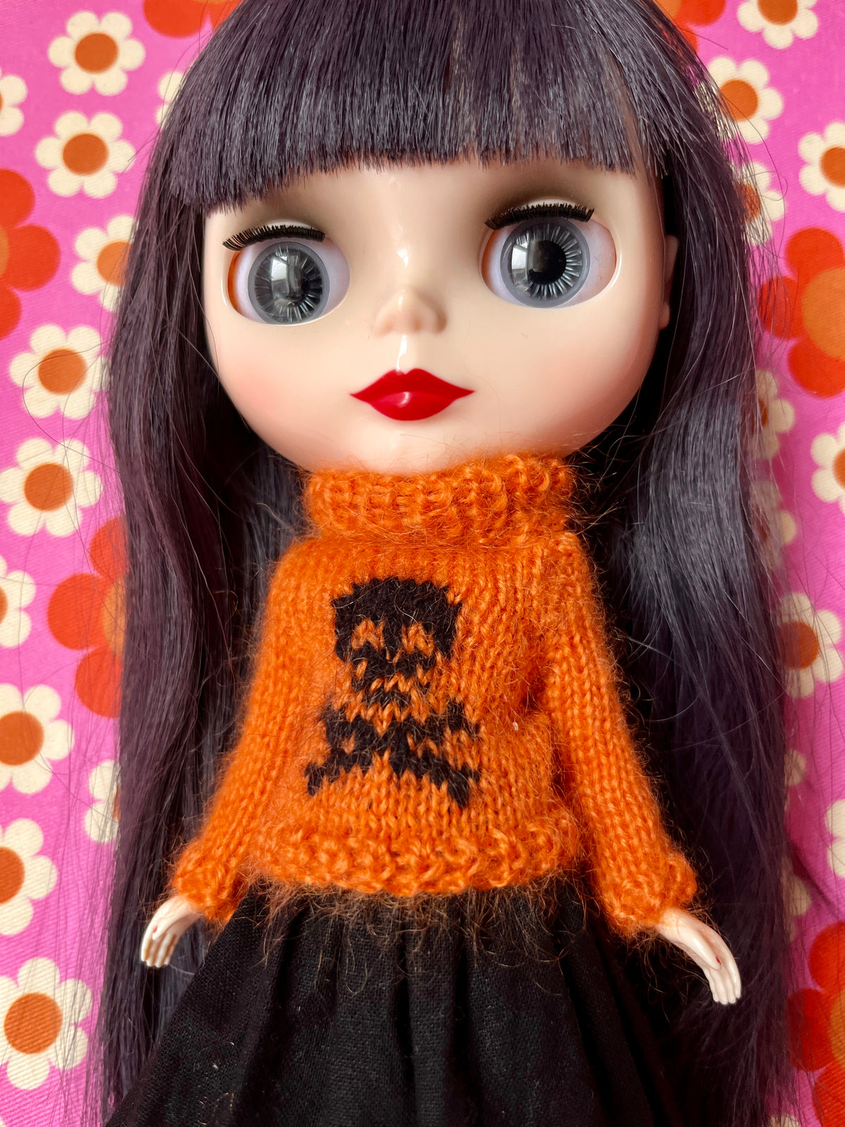 Halloween Fluffy Orange Sweater Black Skull