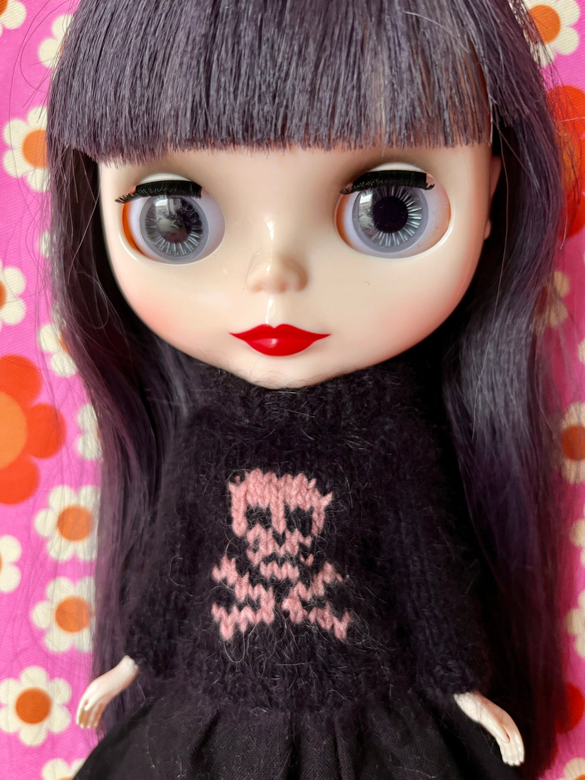 Halloween Fluffy Black Sweater Pink Skull