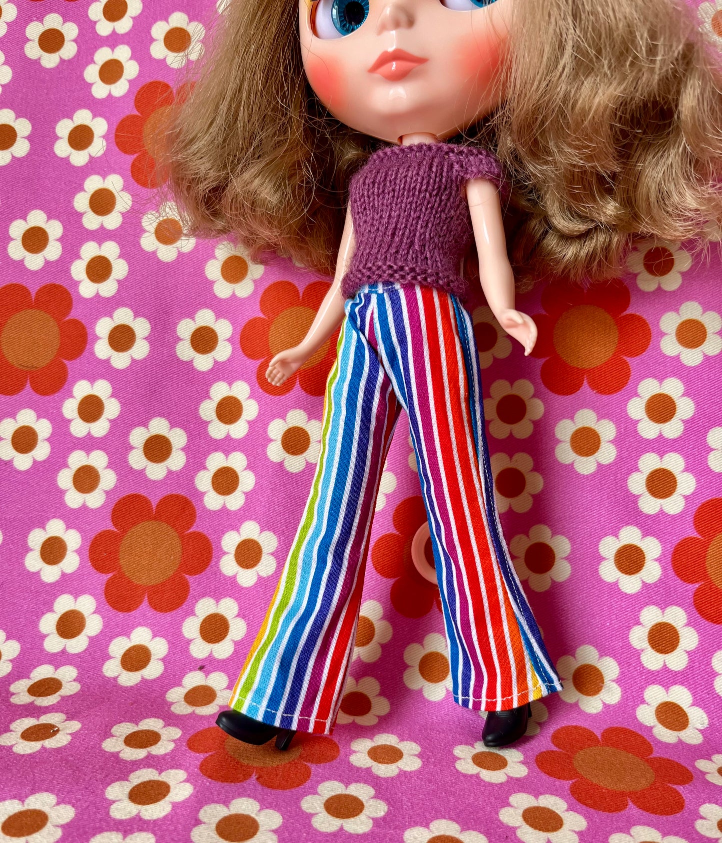 Rainbow Stripe Flared Trousers for Blythe Doll