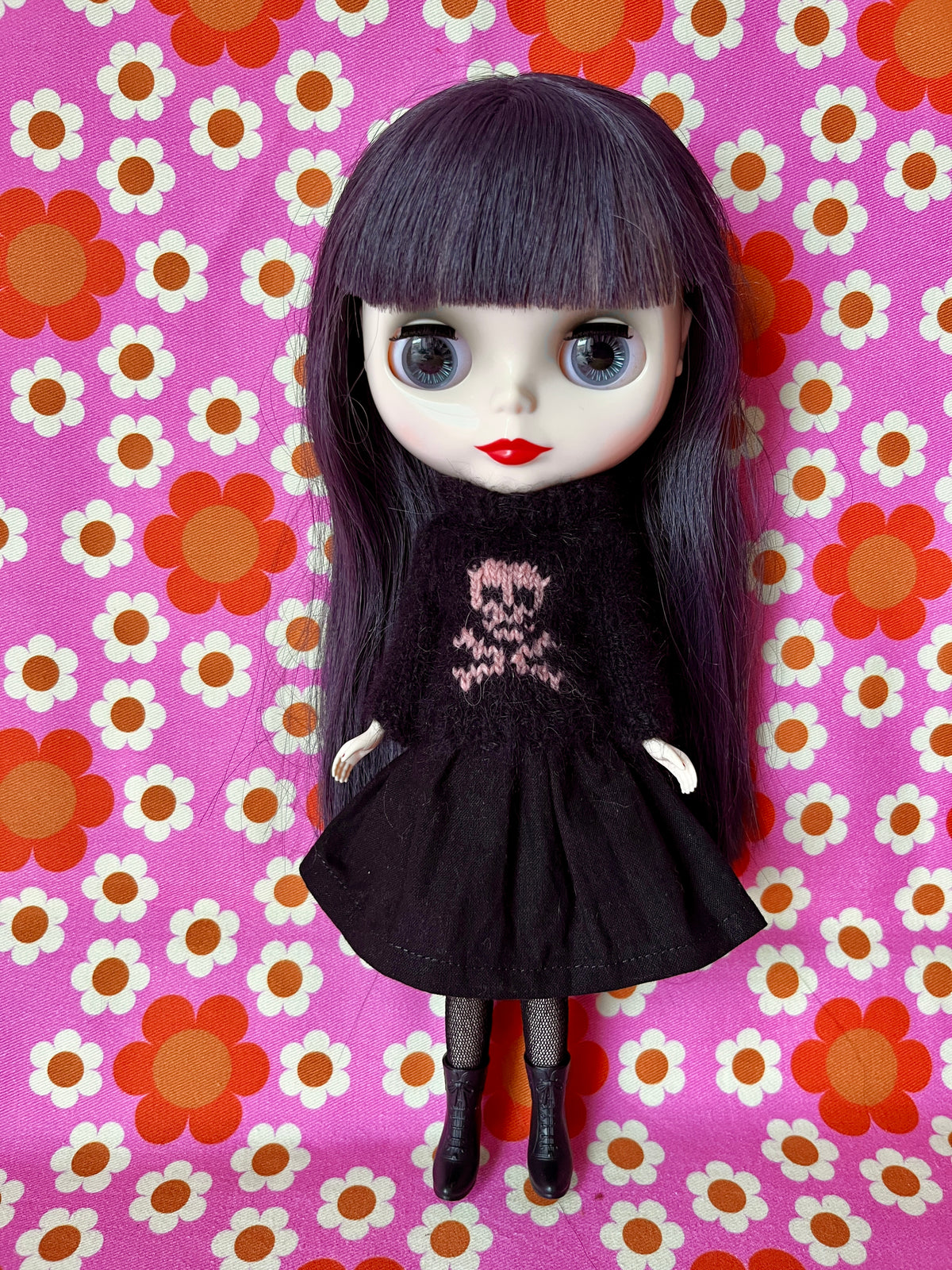 Halloween Fluffy Black Sweater Pink Skull