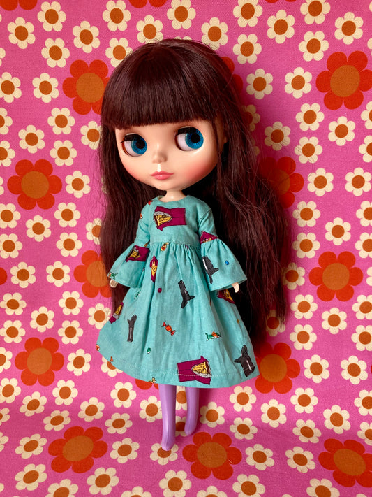 Chocolate Wonka Bar Long Frill Sleeve  dress for Blythe Doll