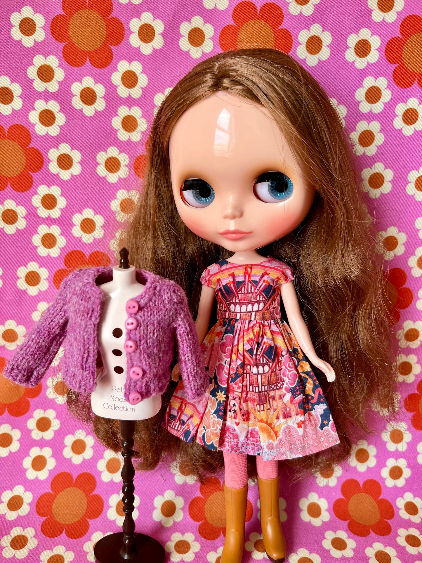 Pink Liberty Cap Sleeve Dress & Knitted Cardigan for Blythe Doll