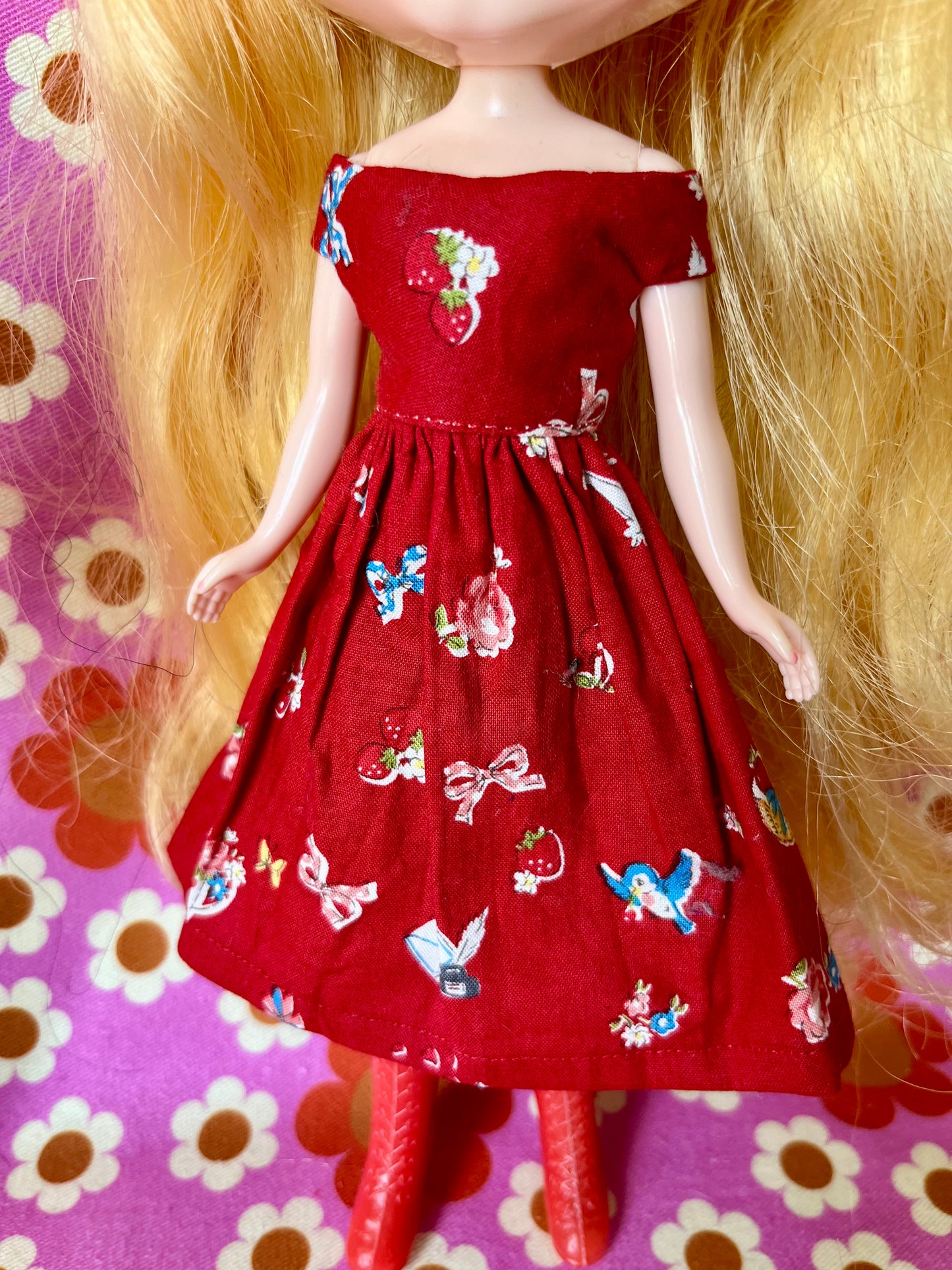 Japanese Print Cap Sleeve Dress & Knitted Cardigan for Blythe Doll
