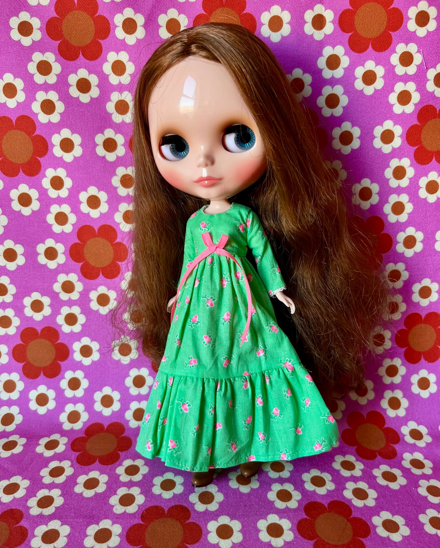 Long Neon Rosebud Print Dress for Blythe Doll