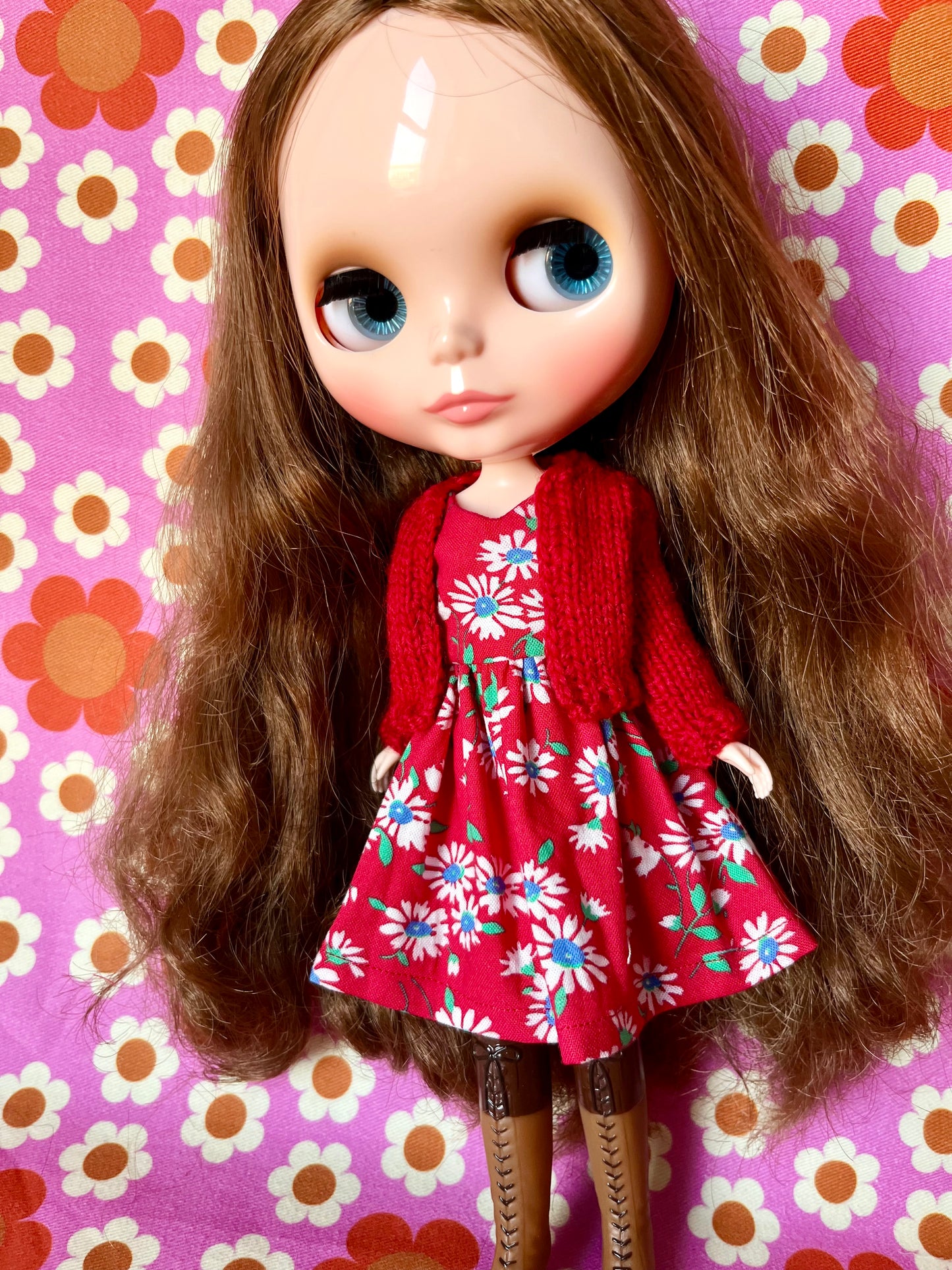 Red Daisy Dress & Cardigan for Blythe Doll