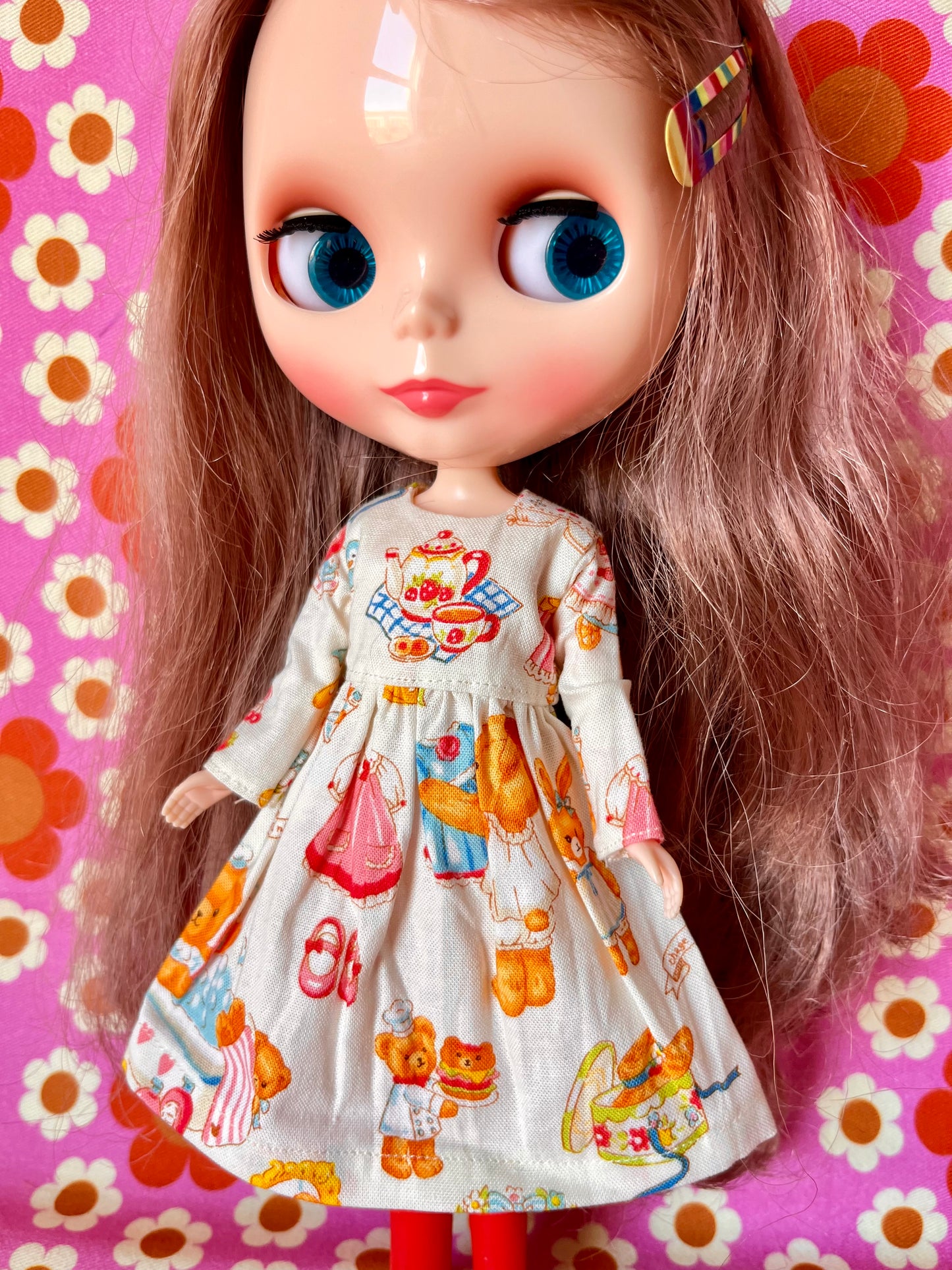 Cream Teddy Picnic Dress for Blythe Doll