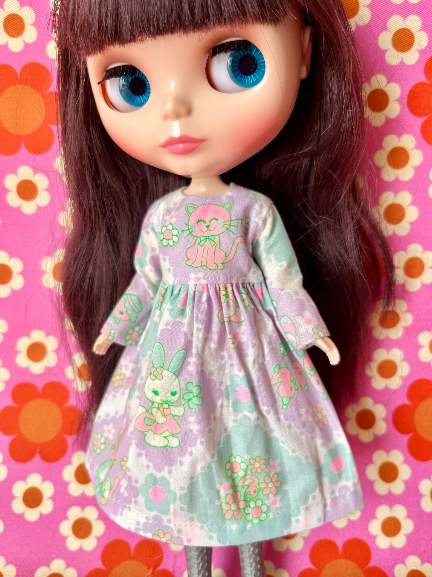 Lilac  Neon Cat Long Sleeve Dress for Blythe Doll