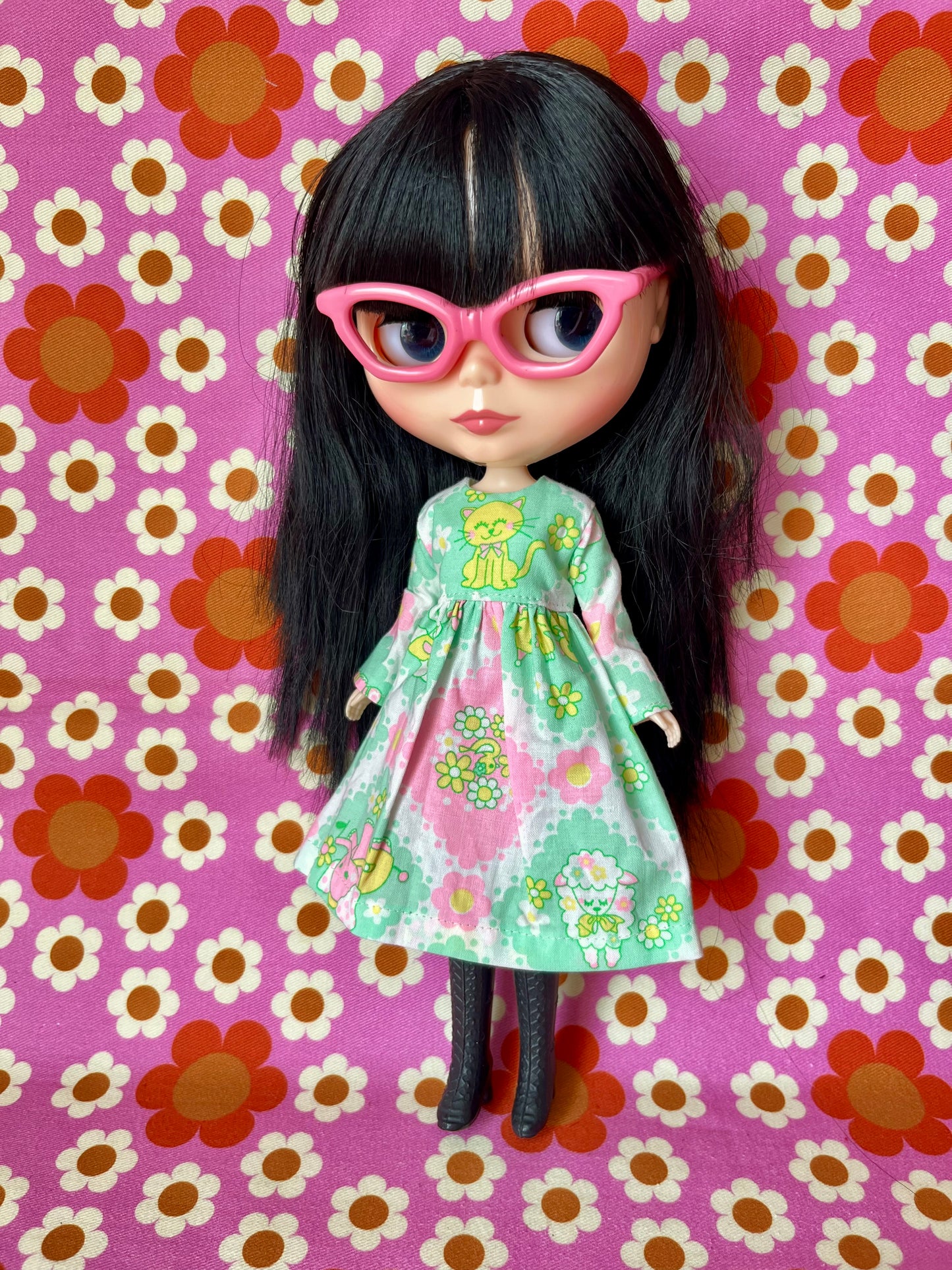 Green Neon Cat Long Sleeve Dress for Blythe Doll