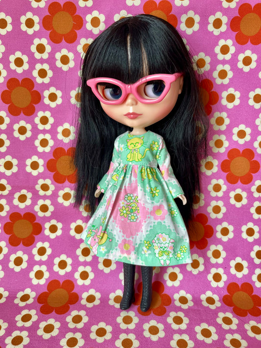 Green Neon Cat Long Sleeve Dress for Blythe Doll