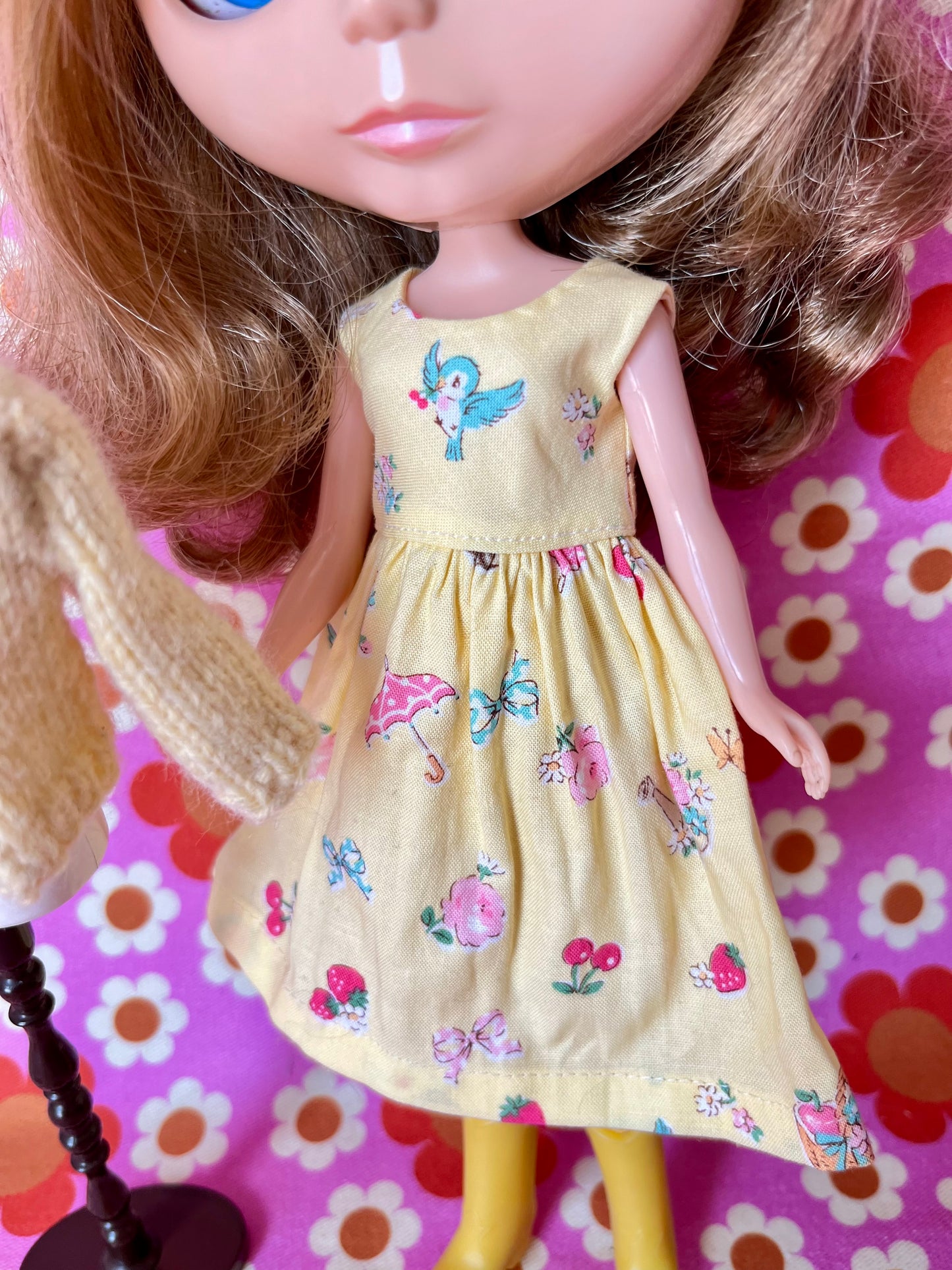 Japanese Print Cap Sleeve Dress & Knitted Cardigan for Blythe Doll