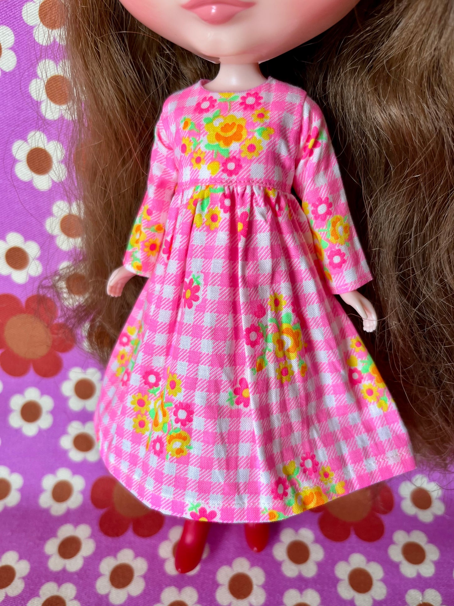 Pink Gingham Long Sleeve Dress for Blythe Doll