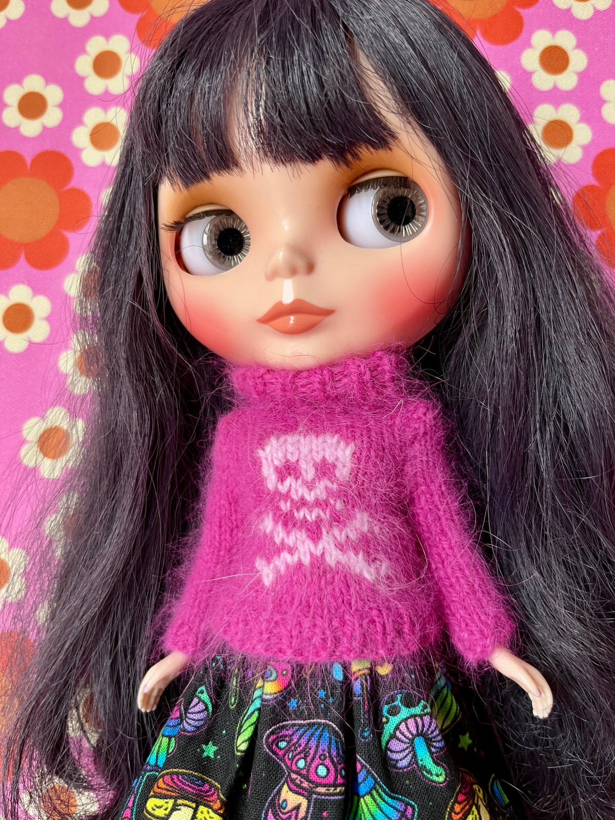 Halloween Fluffy Cerise Sweater Pink Skull
