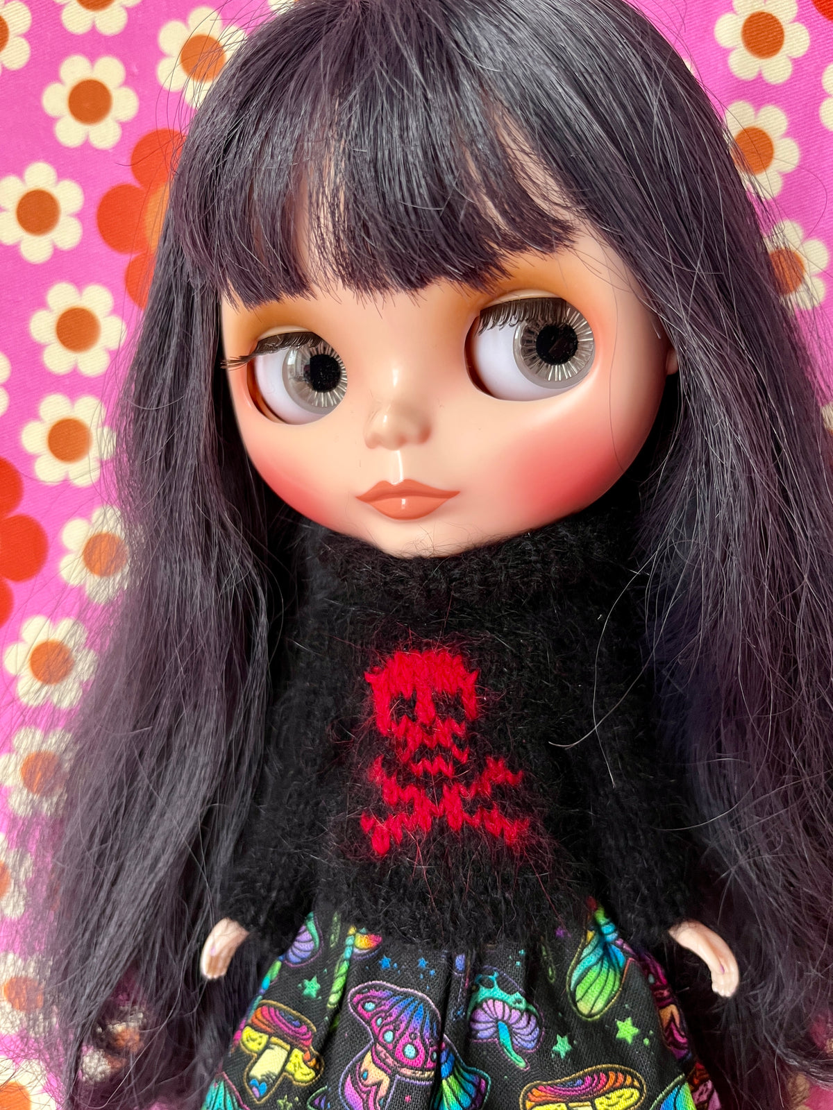 Halloween Fluffy Black Sweater Red Skull