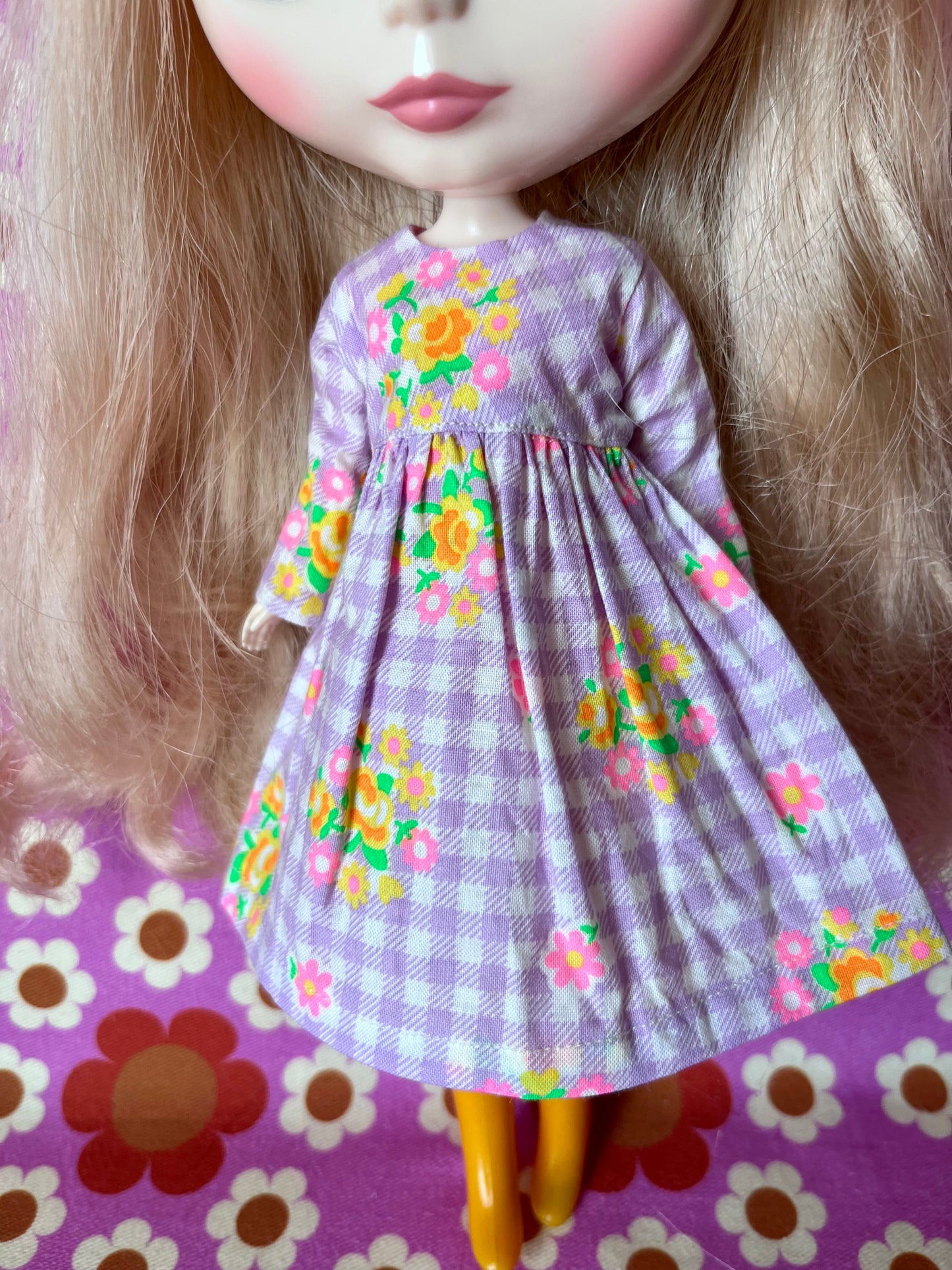 Purple Gingham Long Sleeve Dress for Blythe Doll