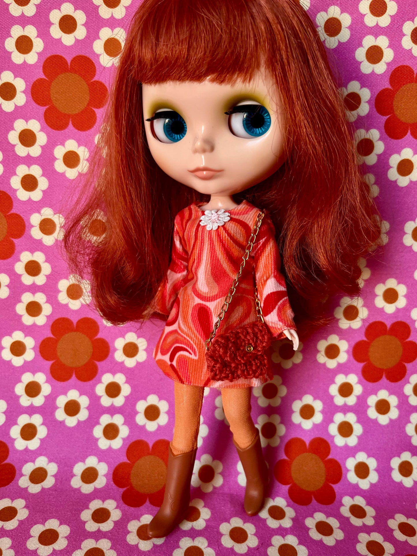 Psychedelic Corduroy Shift dress with sleeves & Bag which opens