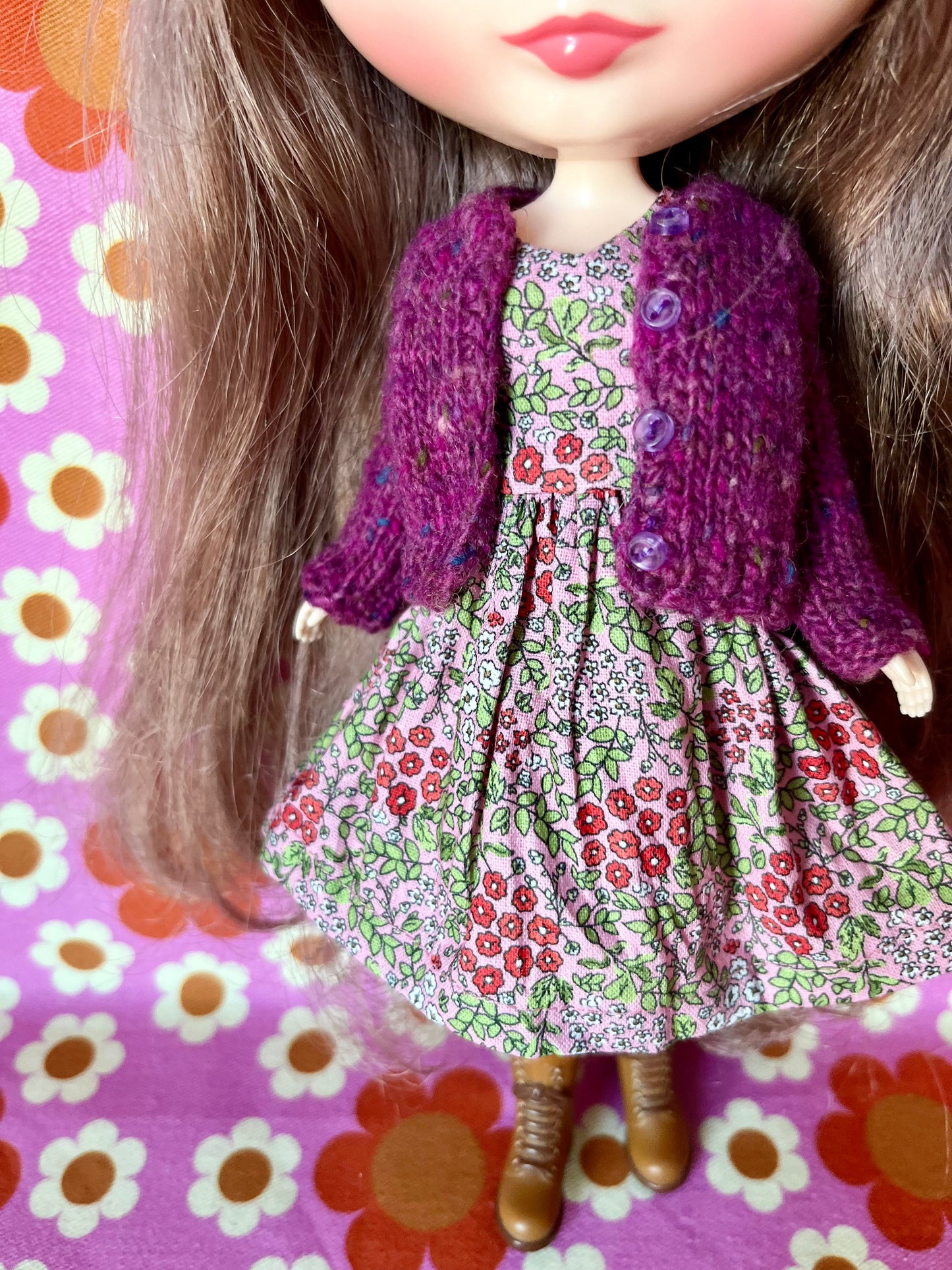 Pink Ditsy Floral Dress & Cardigan for Blythe Doll