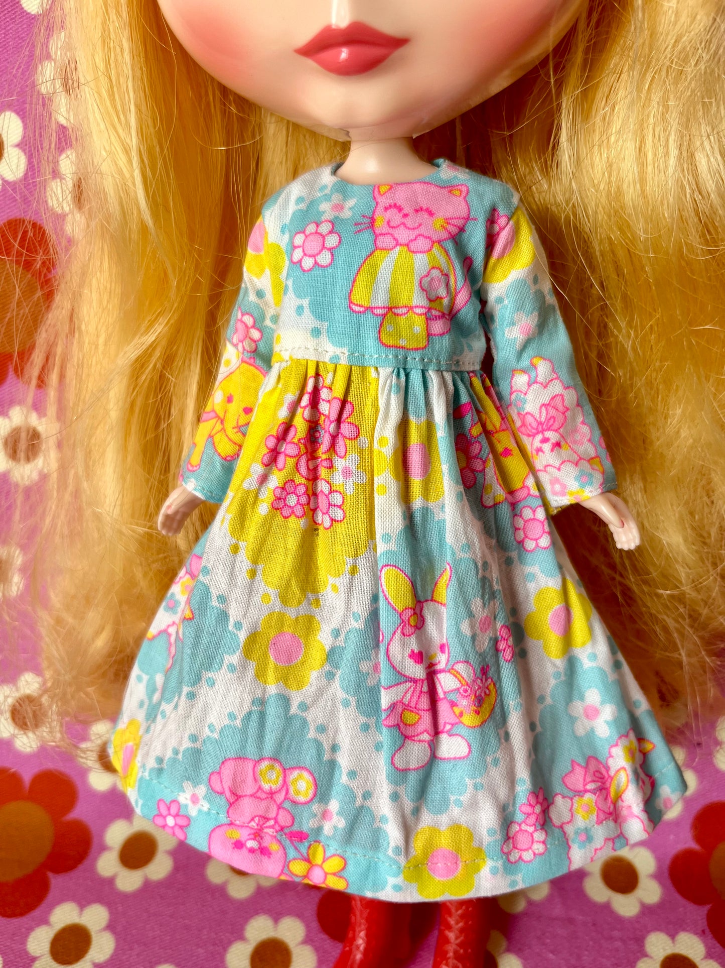 Blue Neon Cat Long Sleeve Dress for Blythe Doll