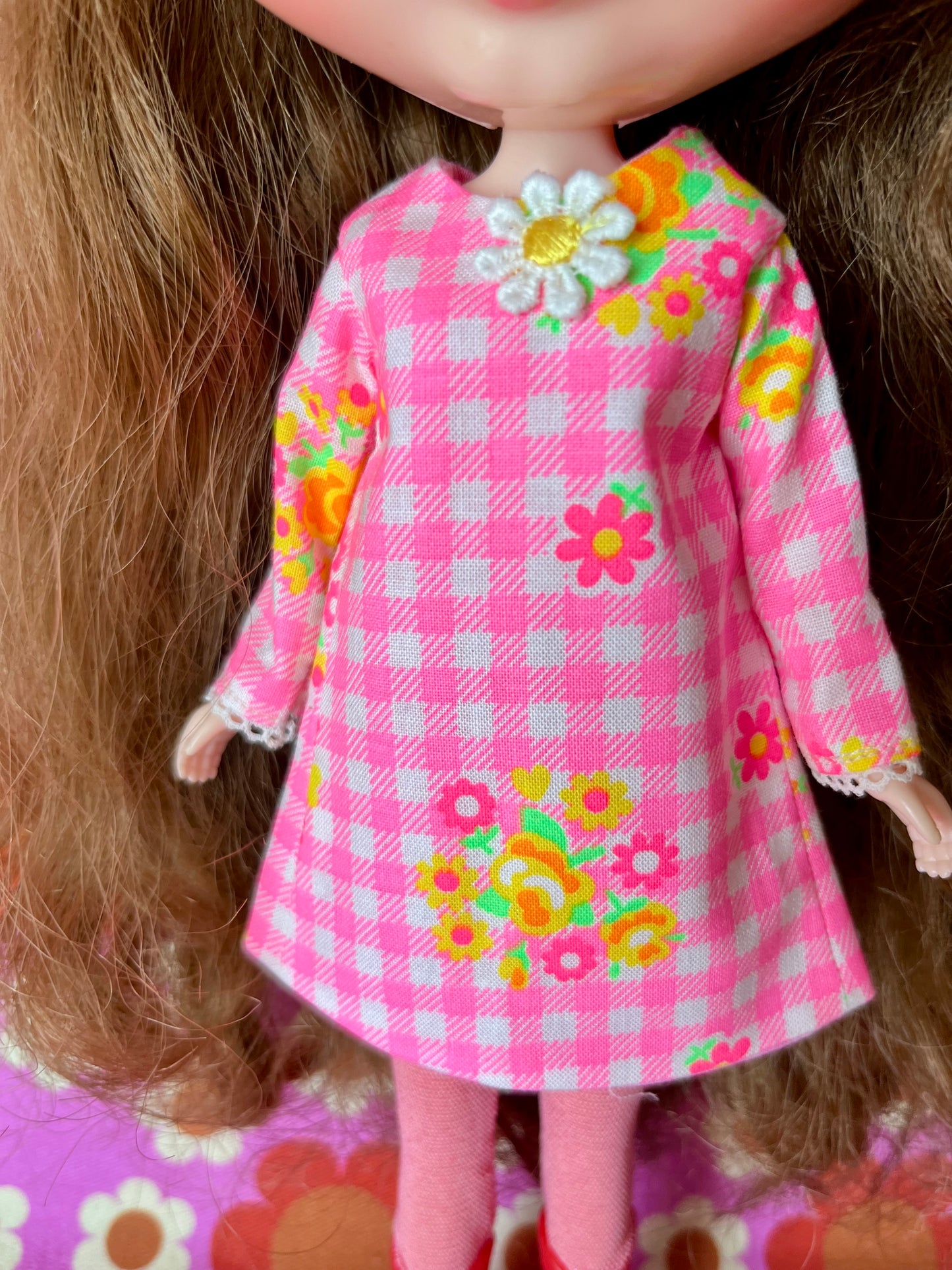 Pink Neon Gingham Mod Shift dress with sleeves