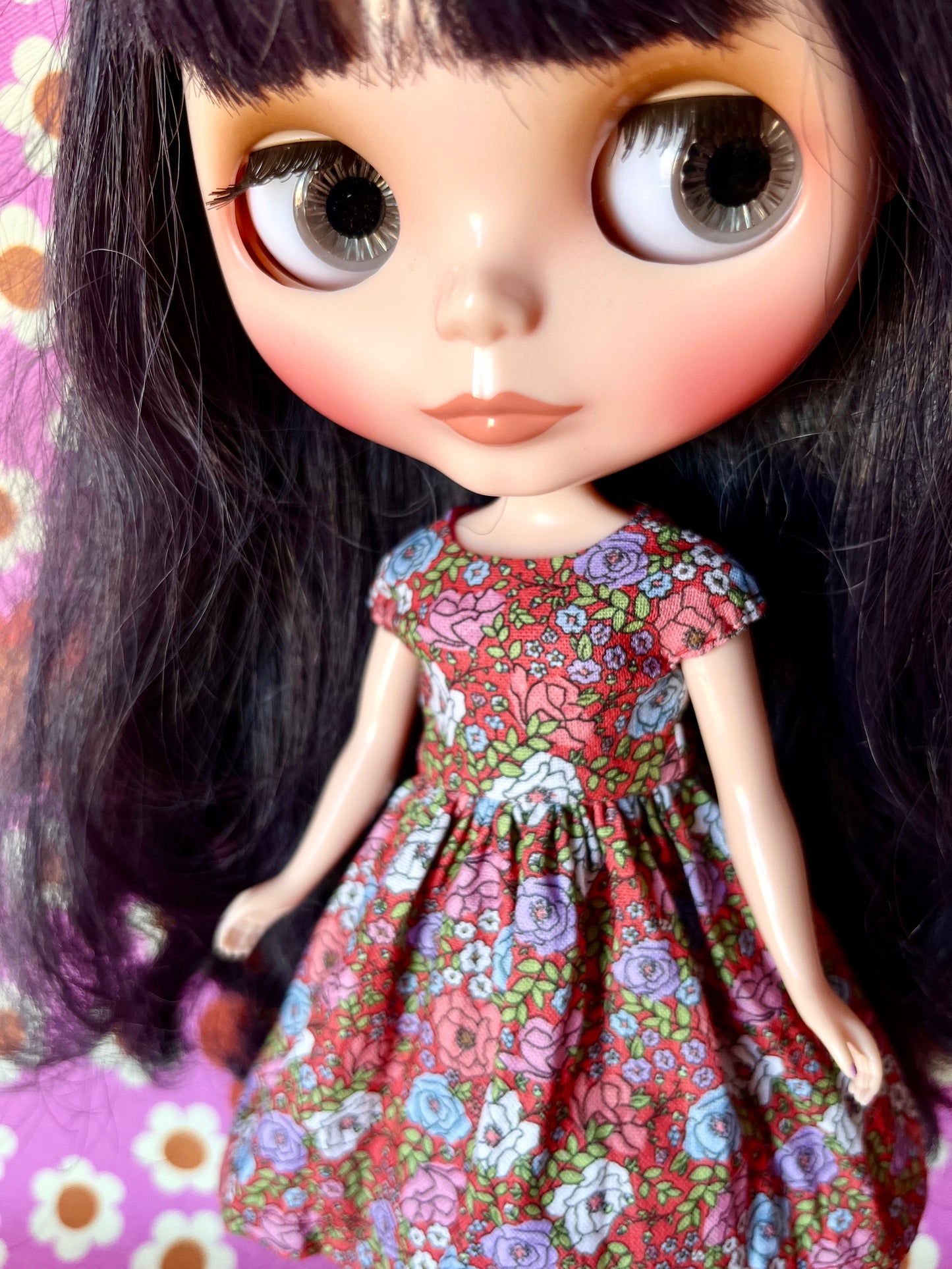 Red Ditsy Floral Valentine Cap Sleeve Dress for Blythe Doll