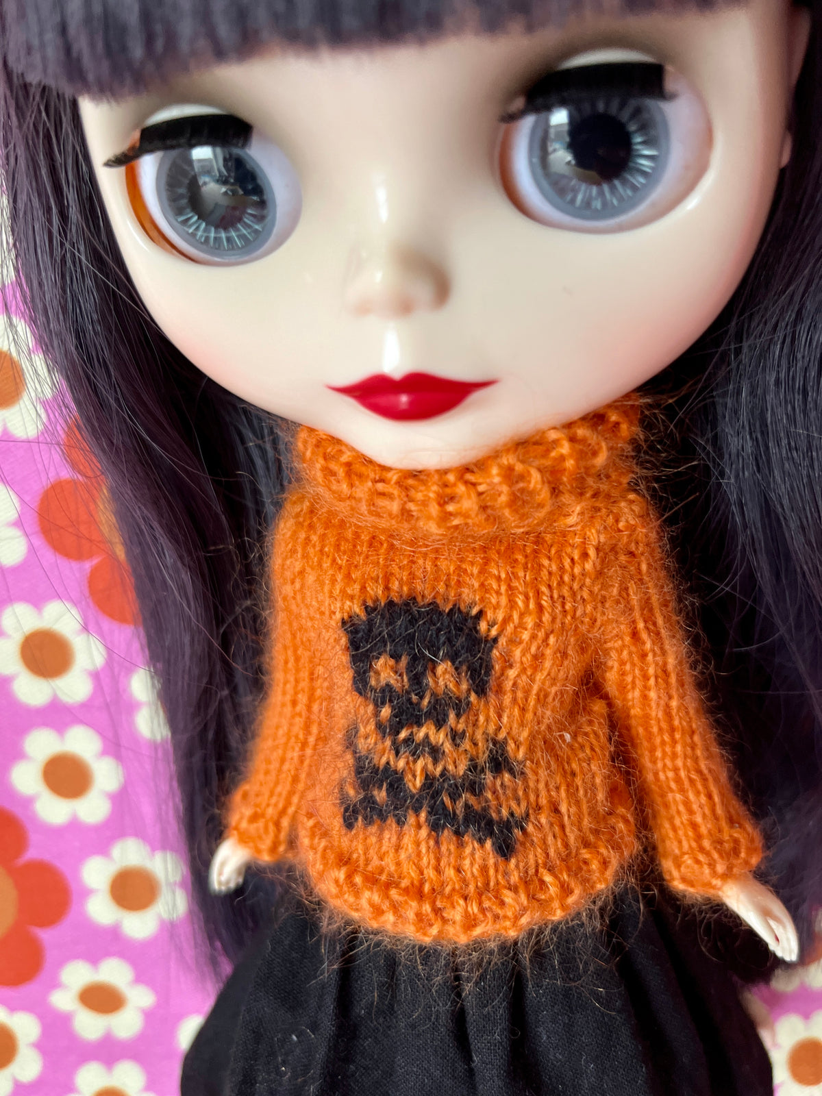 Halloween Fluffy Orange Sweater Black Skull