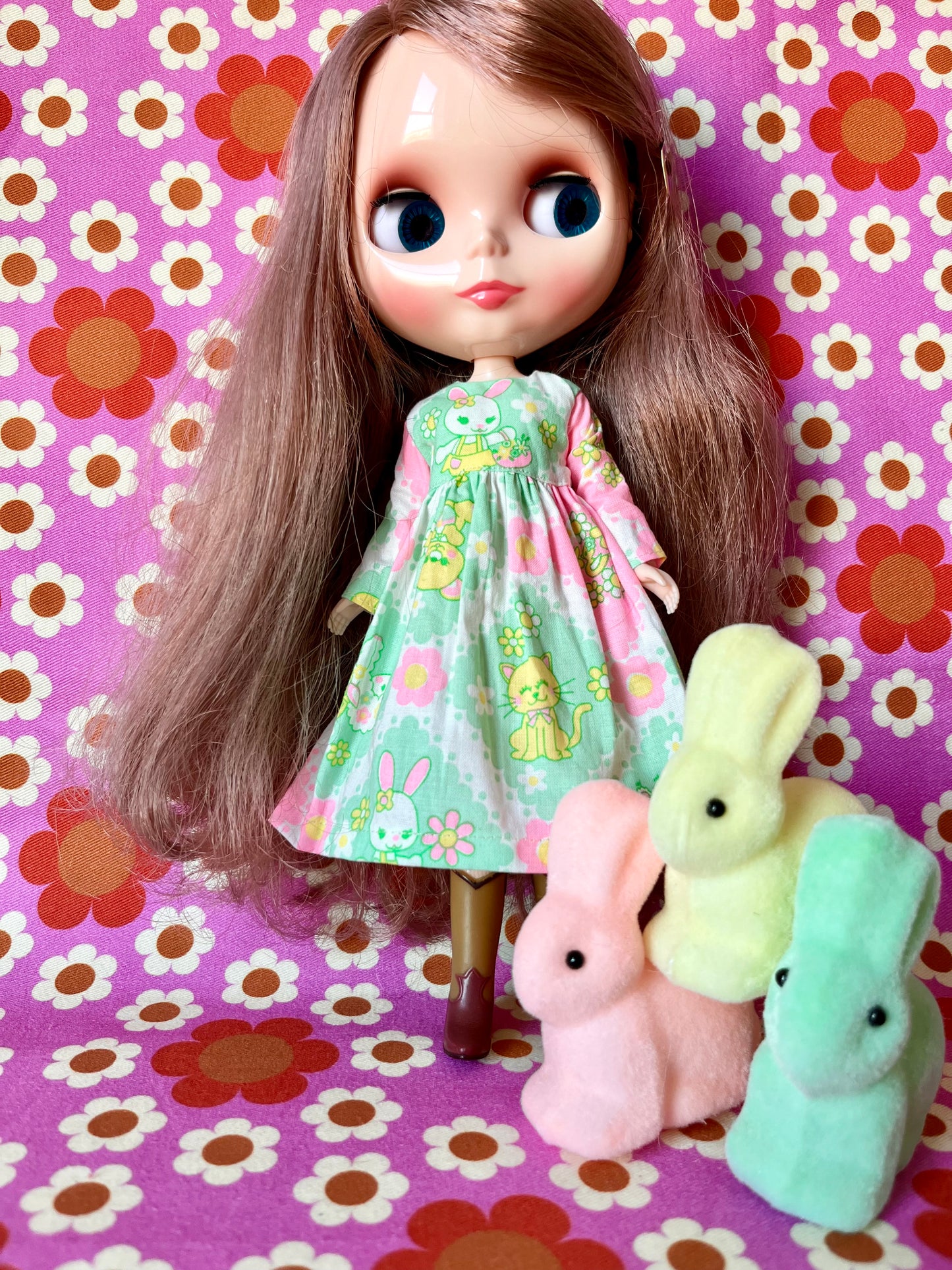 Green Cute Easter Bunny Family Dress for Blythe Doll.