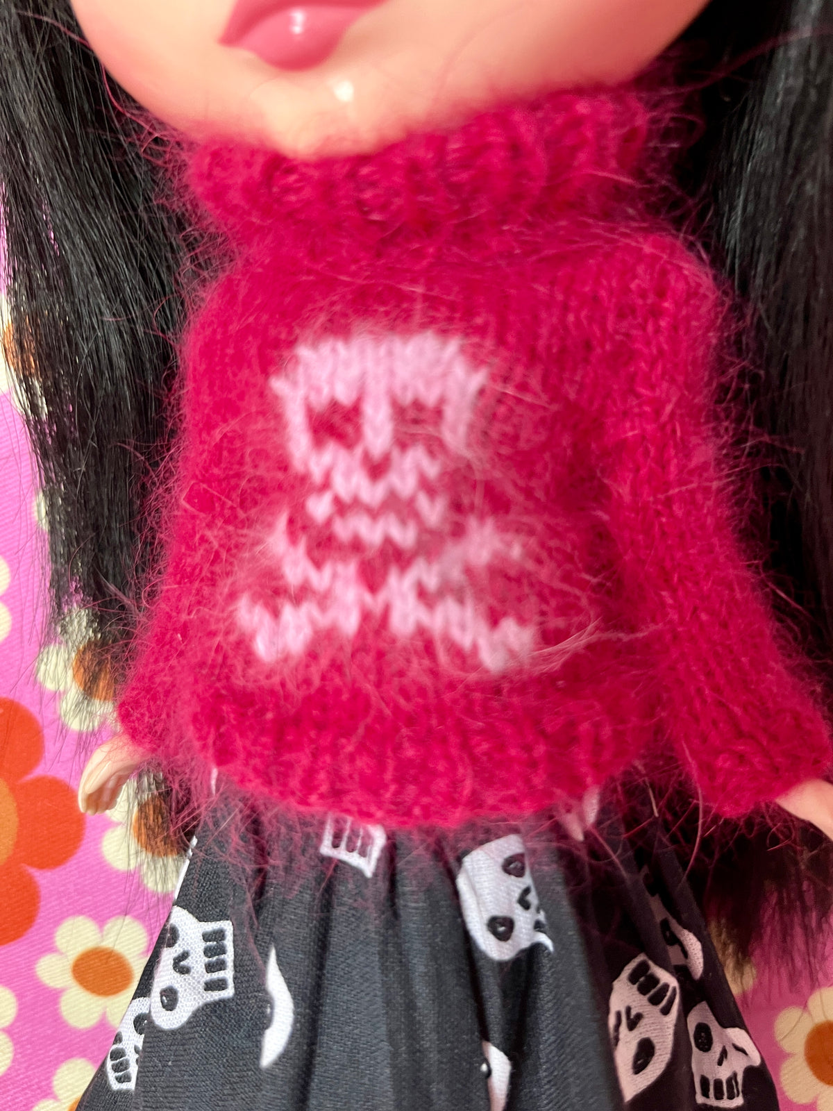 Halloween Fluffy Raspberry Sweater Pink Skull