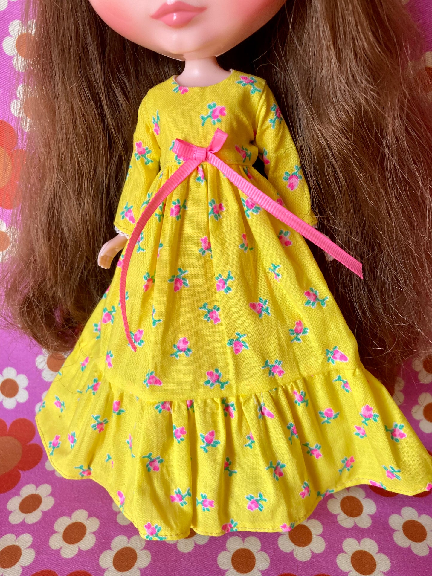 Yellow Long Neon Rosebud Print Dress for Blythe Doll