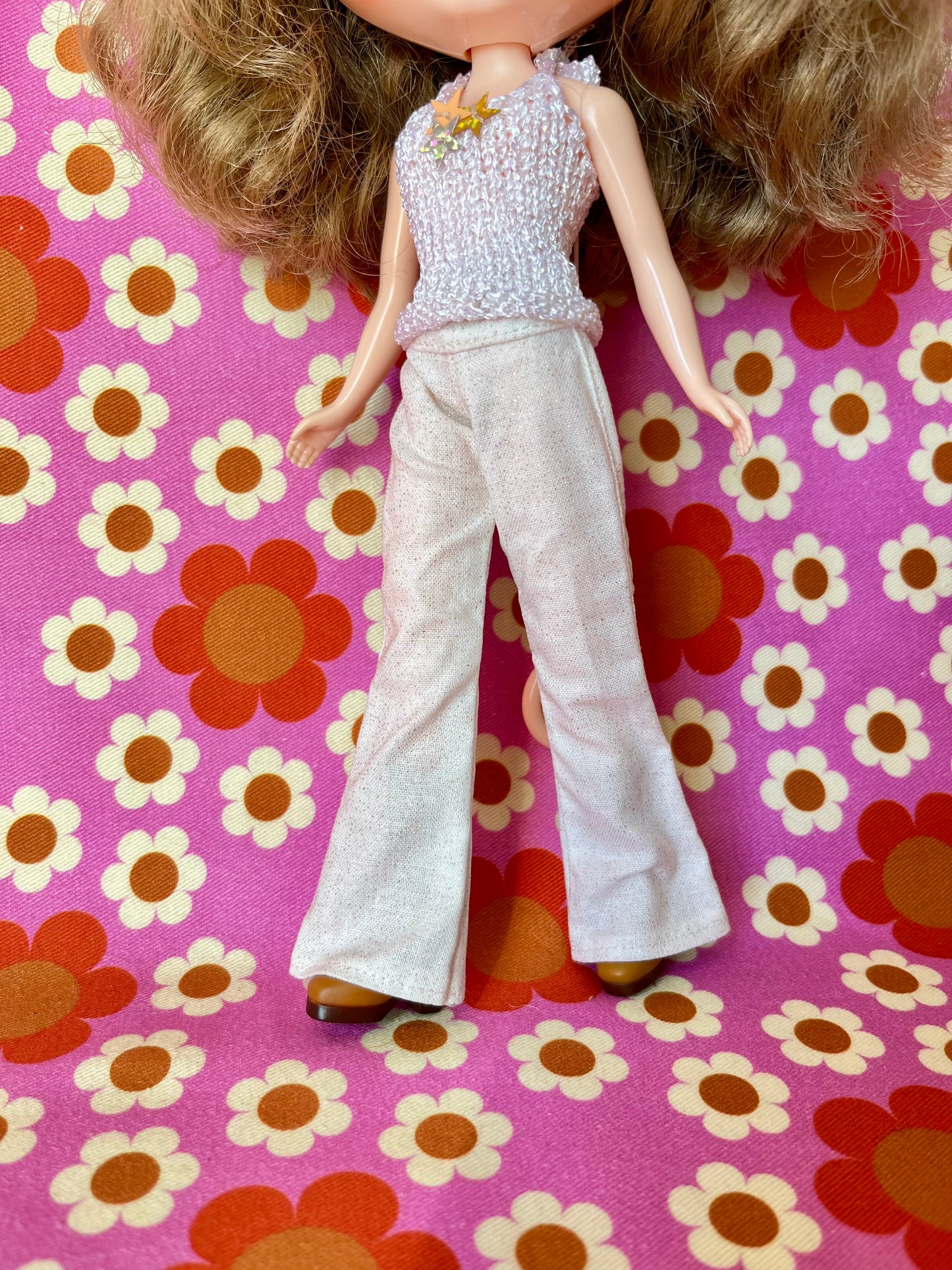 Cream Glitter Sparkle Flared Jeans Trousers for Blythe Doll Limited!
