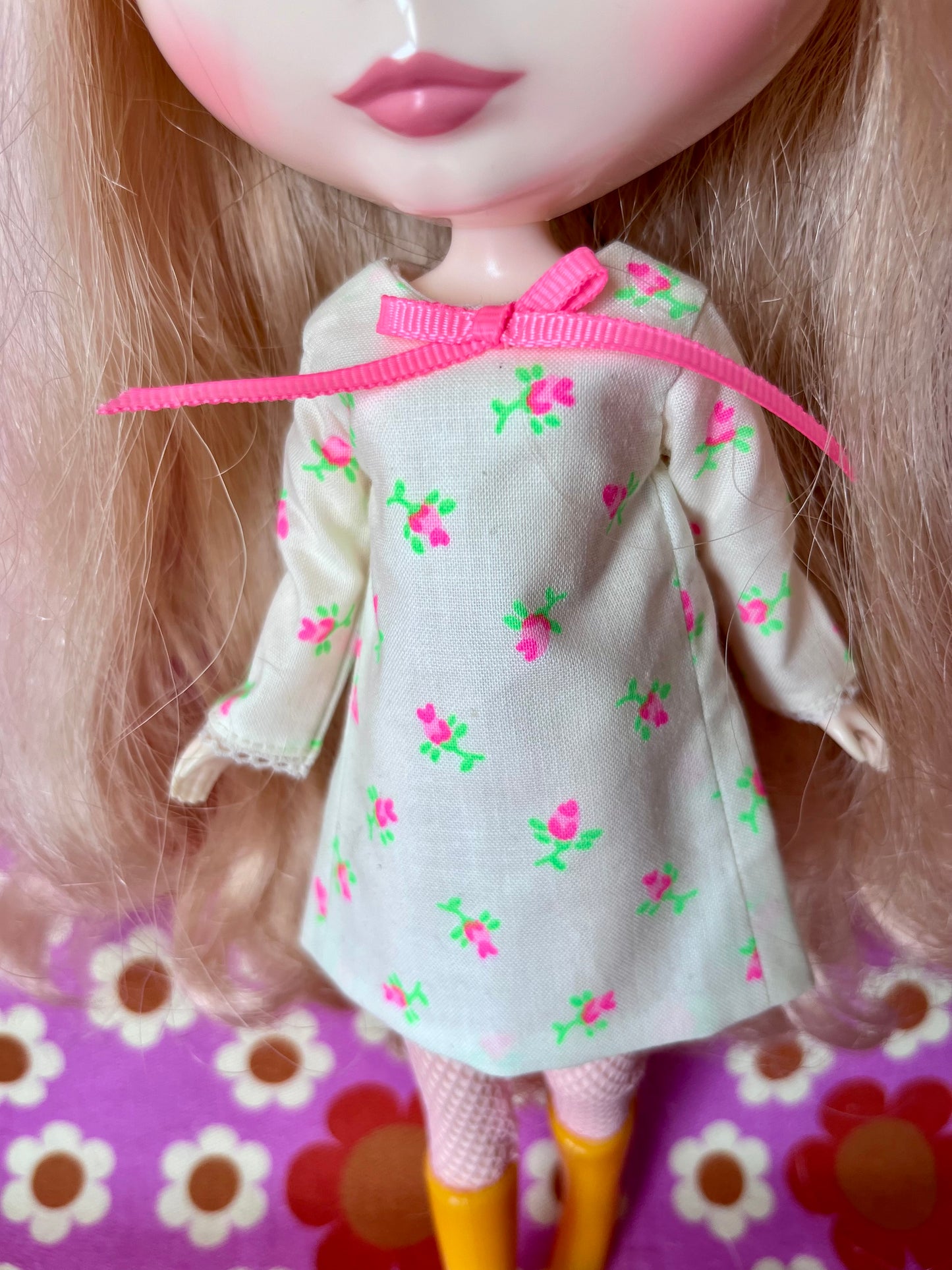 White Neon Rosebud Mod Shift dress with sleeves
