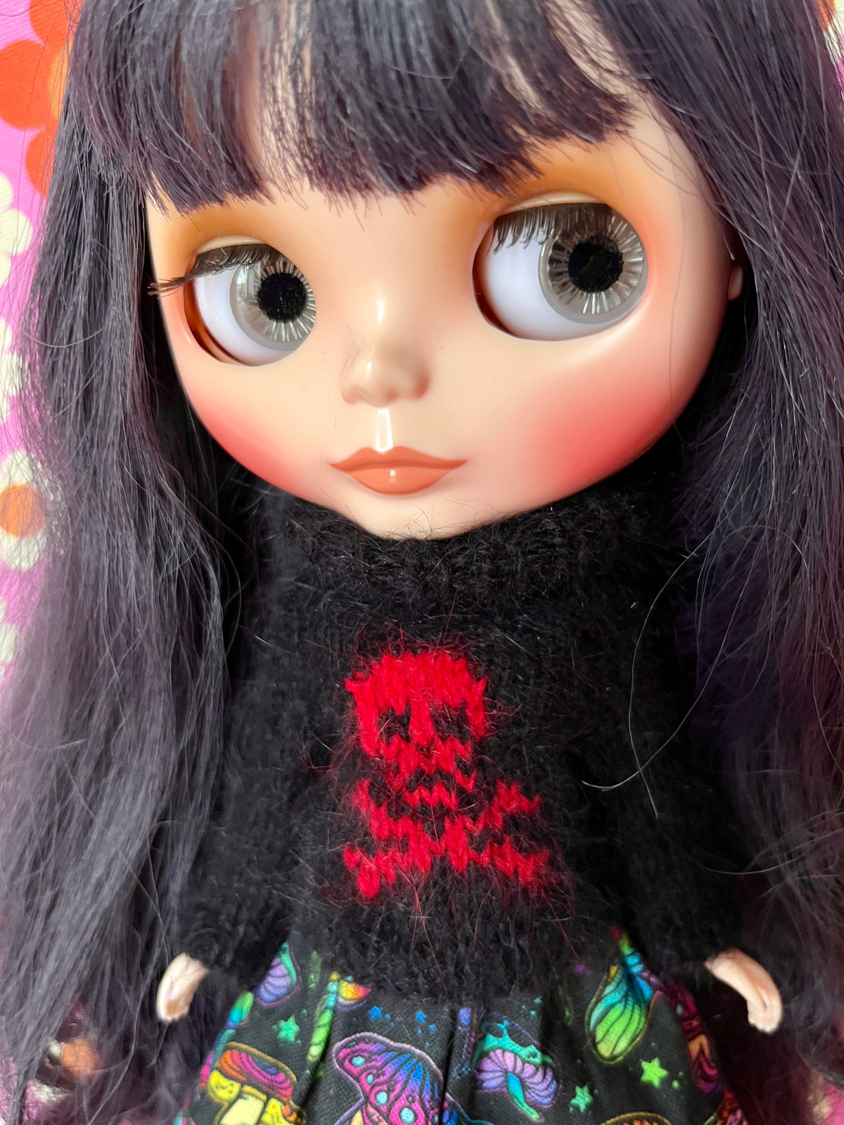 Halloween Fluffy Black Sweater Red Skull