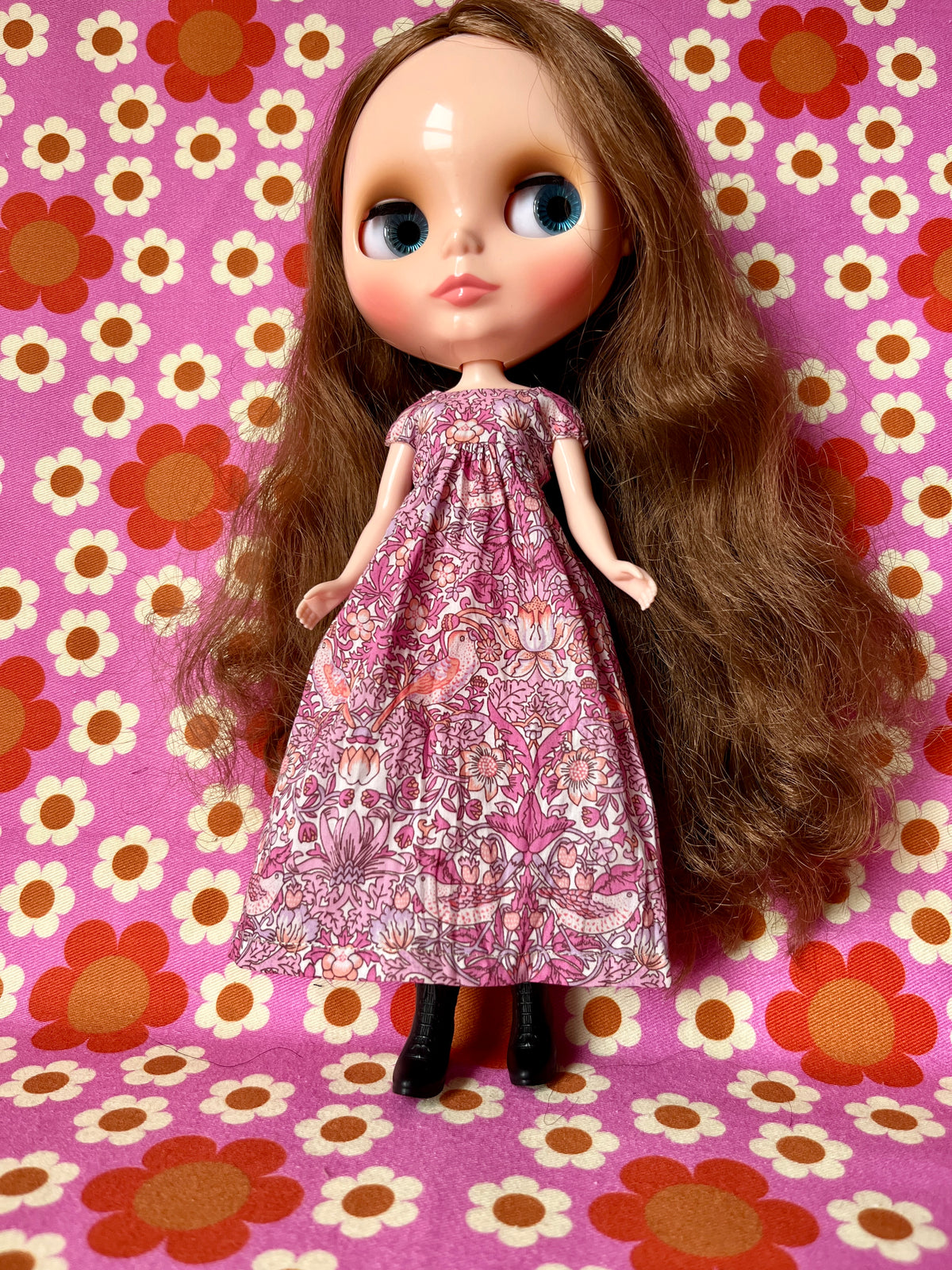 Goth Austen Liberty Regency Dress for Blythe Doll Strawberry Thief Pink