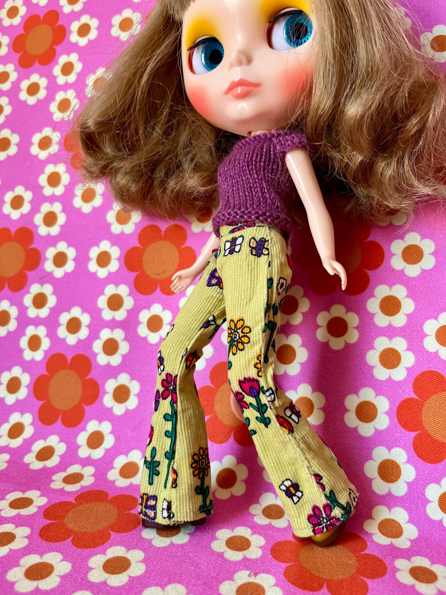 Cute Green Vintage Floral Flared Jeans Corduroy Trousers for Blythe Doll