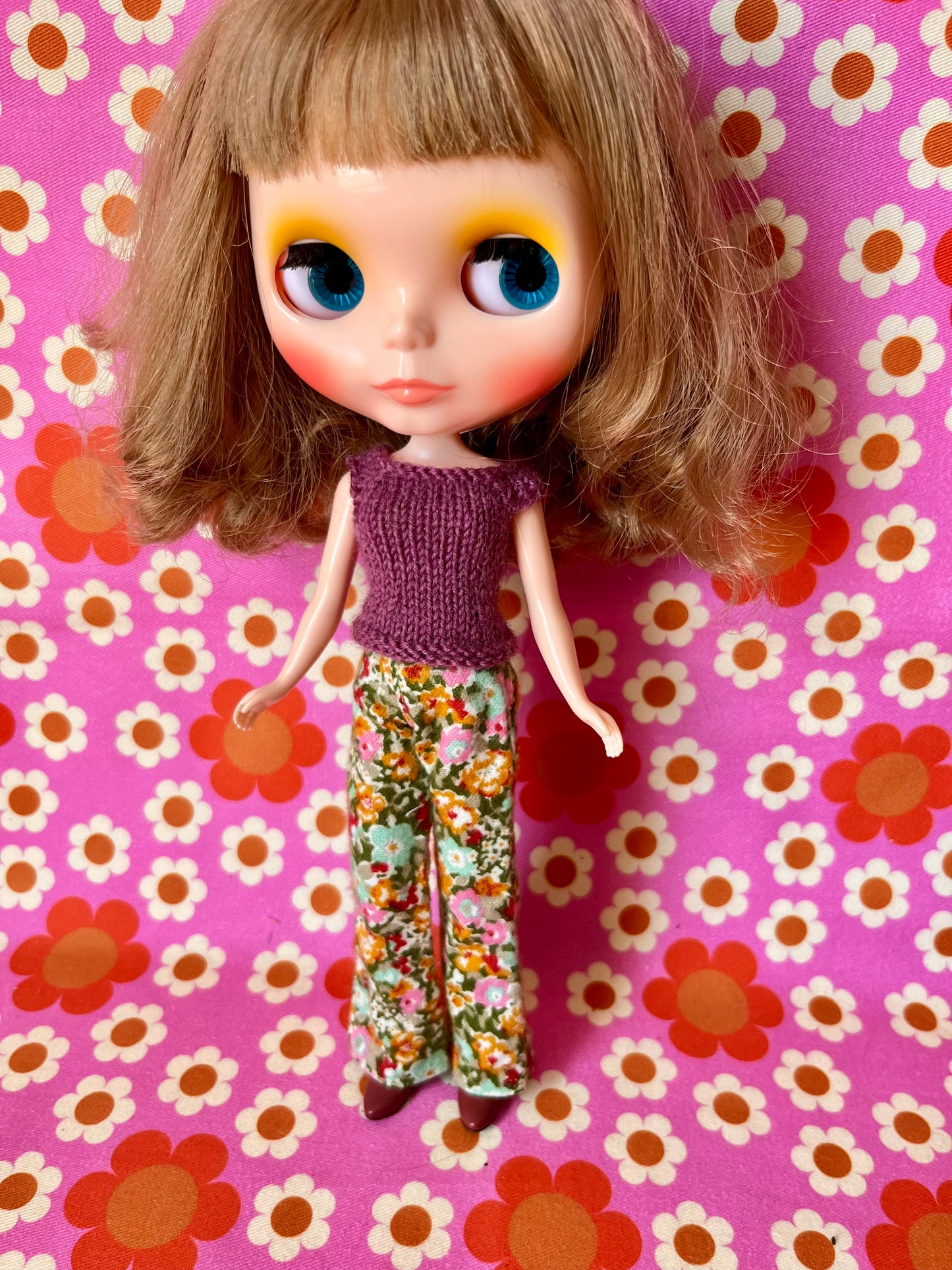 Green floral Flared Jeans Brushed Cotton Trousers for Blythe Doll