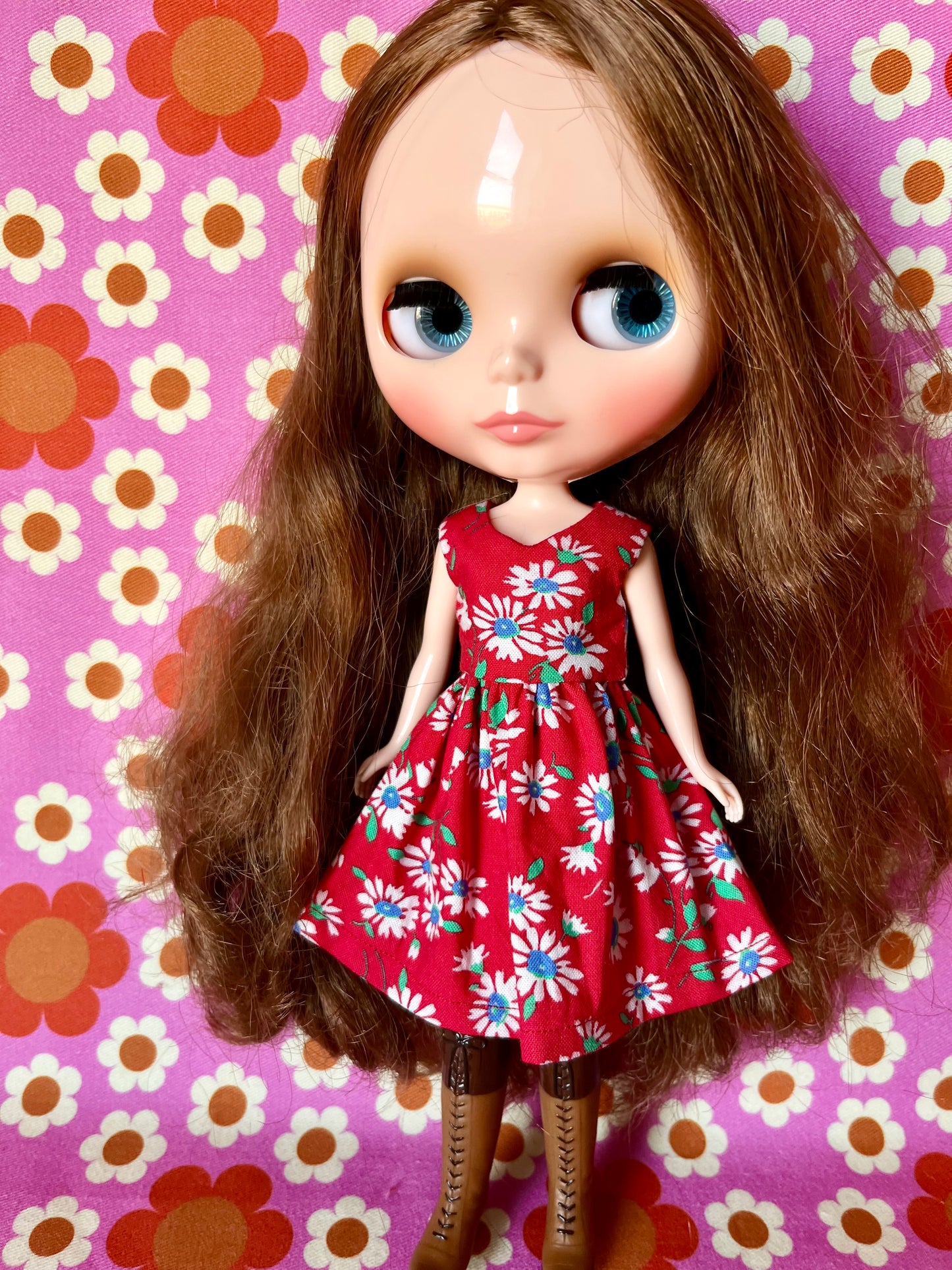 Red Daisy Dress & Cardigan for Blythe Doll