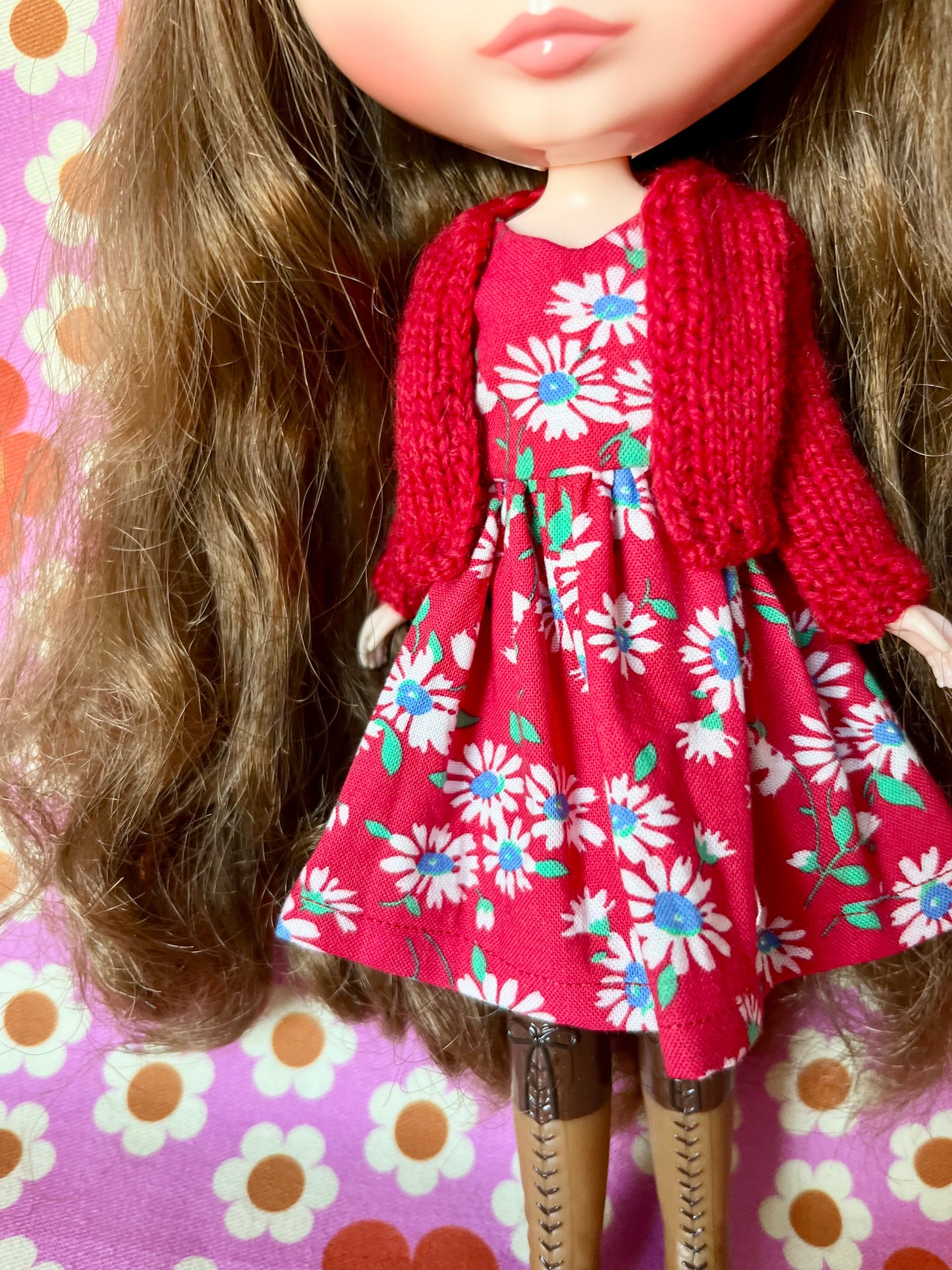 Red Daisy Dress & Cardigan for Blythe Doll